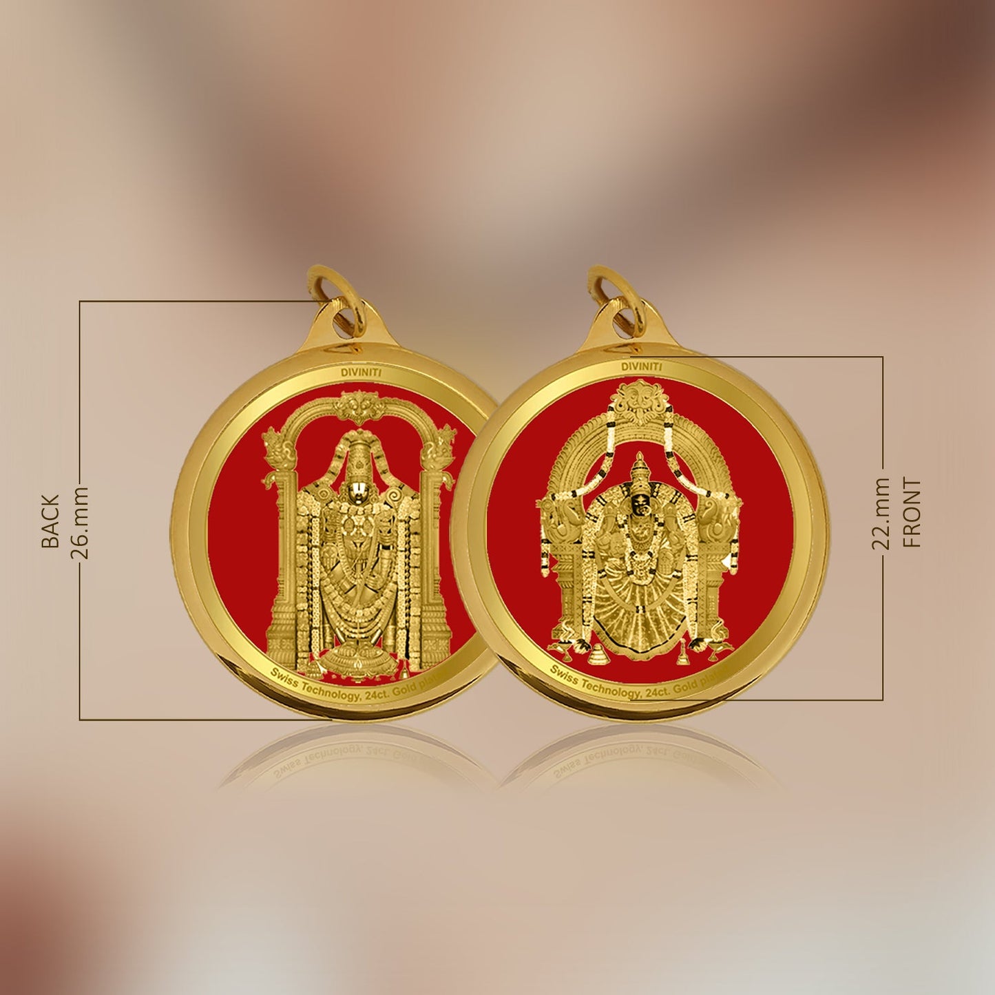 Diviniti 24K Gold Plated Padmavathi & Tirupati Balaji 22MM Double Sided Pendant For Men, Women & Kids