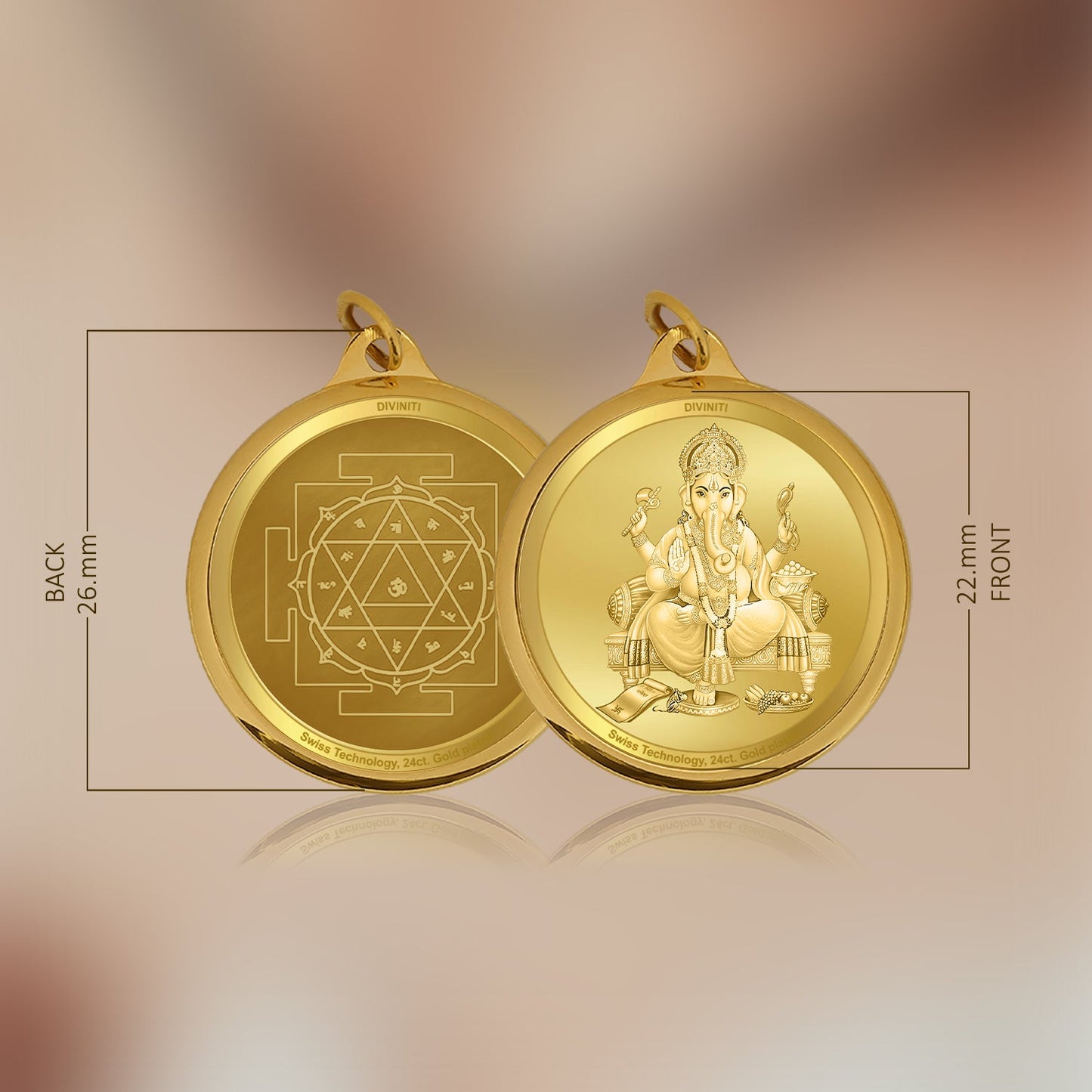 Diviniti 24K Gold Plated Ganesha & Yantra 22MM Double Sided Pendant For Men, Women & Kids