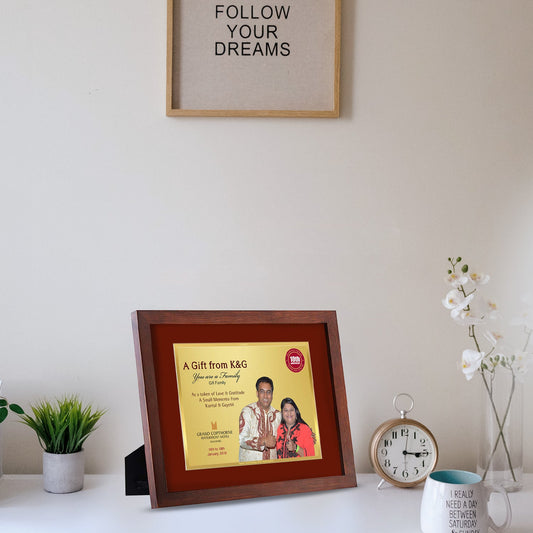 Customized Wooden Frame With Image & Matter Printed on 24K Gold Plated Foil For Corporate Gifting