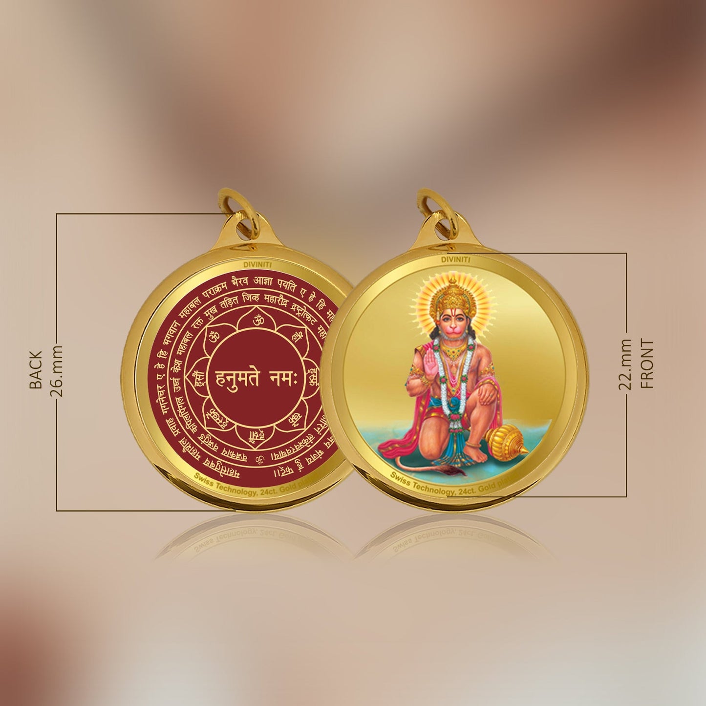 Diviniti 24K Gold Plated Hanuman Ji & Yantra 22MM Double Sided Pendant For Men, Women & Kids