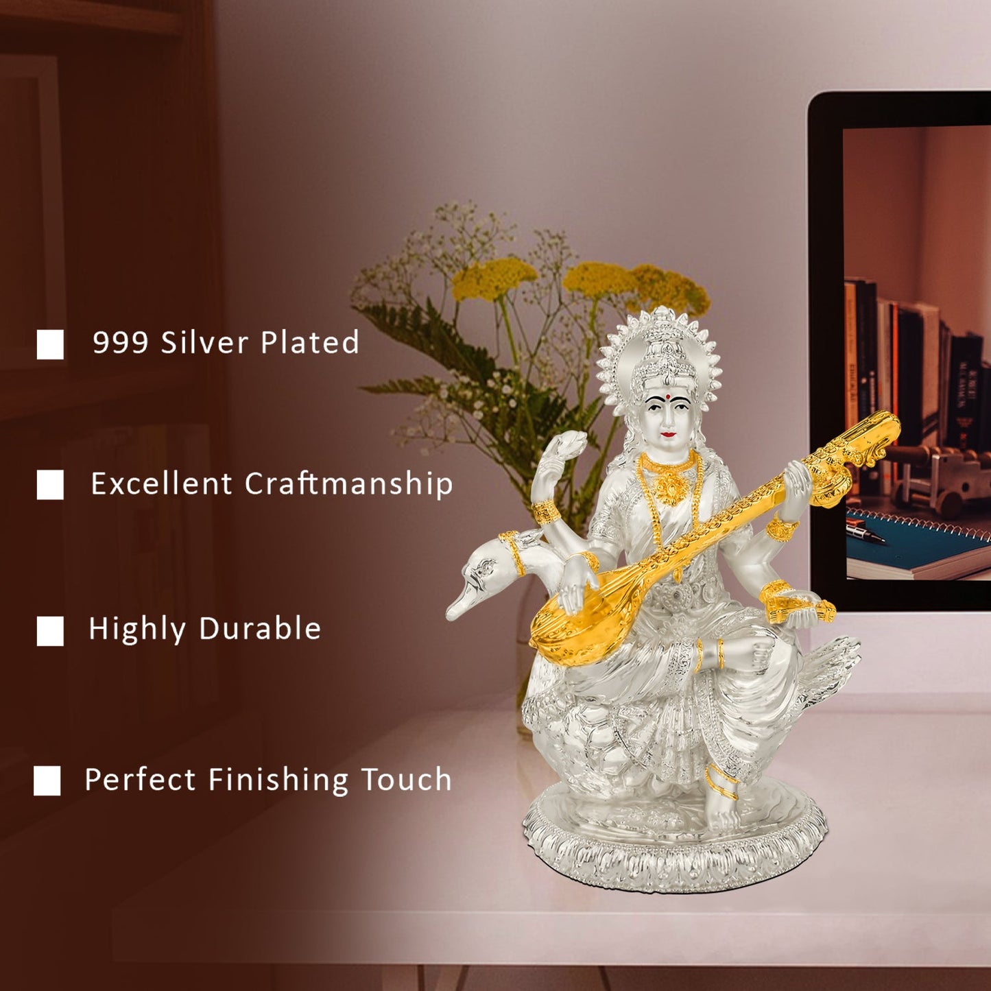 Diviniti 999 Silver Plated Saraswati Mata Idol for Home Decor Showpiece (18X21CM)