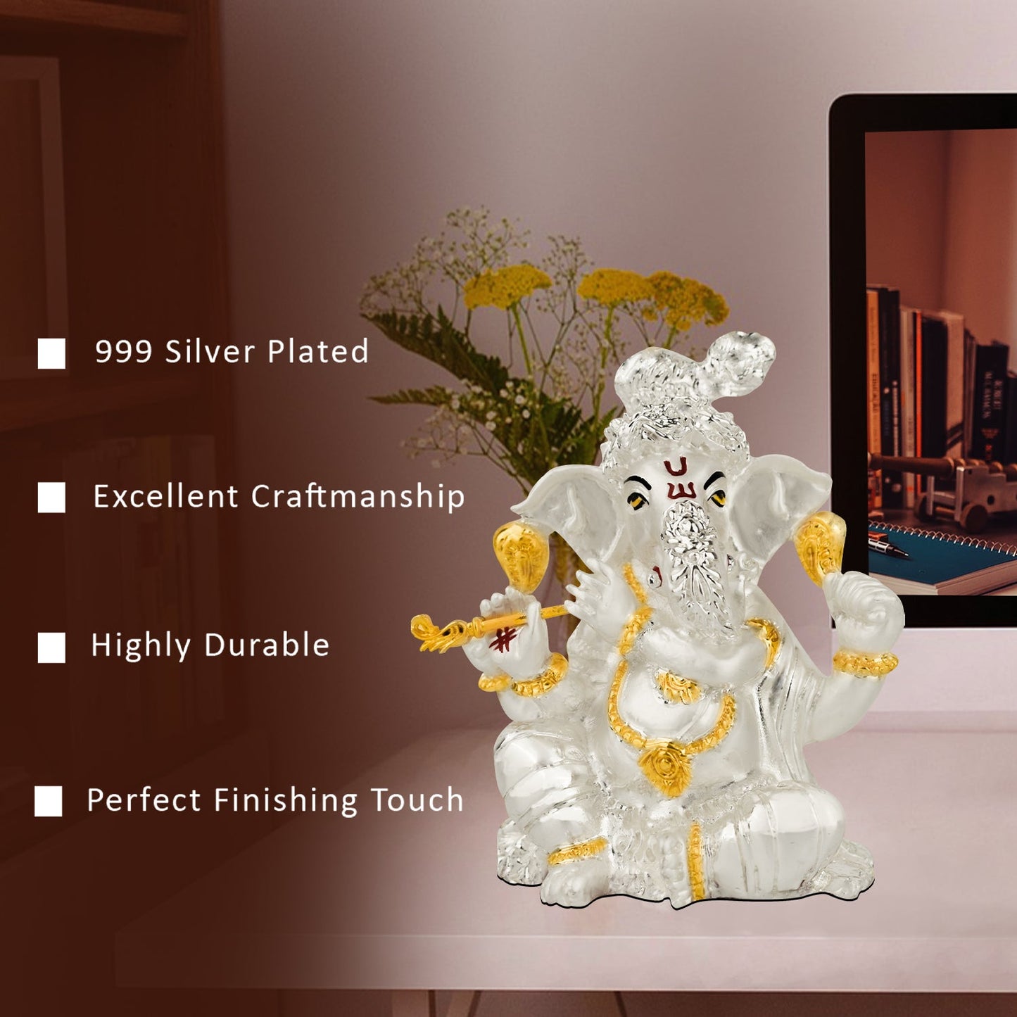 Diviniti 999 Silver Plated Ganesha Idol for Home Decor Showpiece (11X8.5CM)