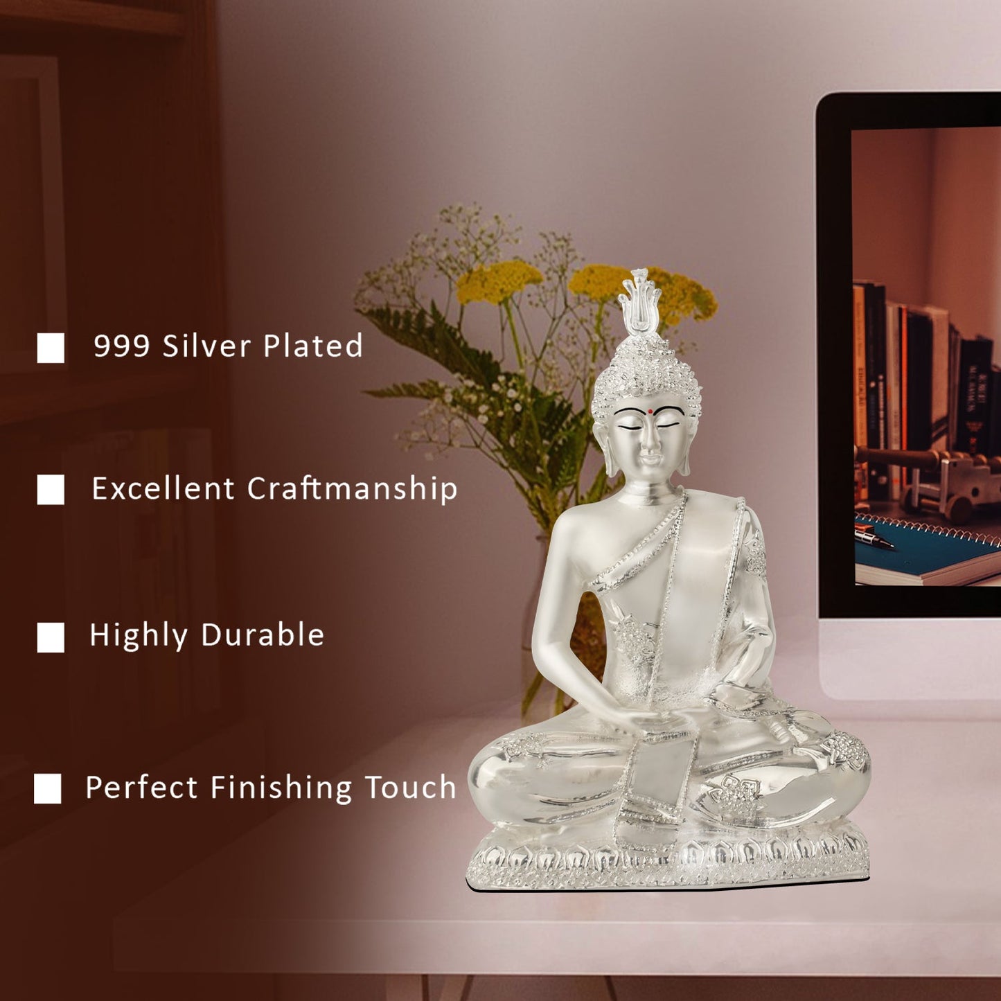 Diviniti 999 Silver Plated Buddha Idol for Home Decor Showpiece (19 X 13 CM)