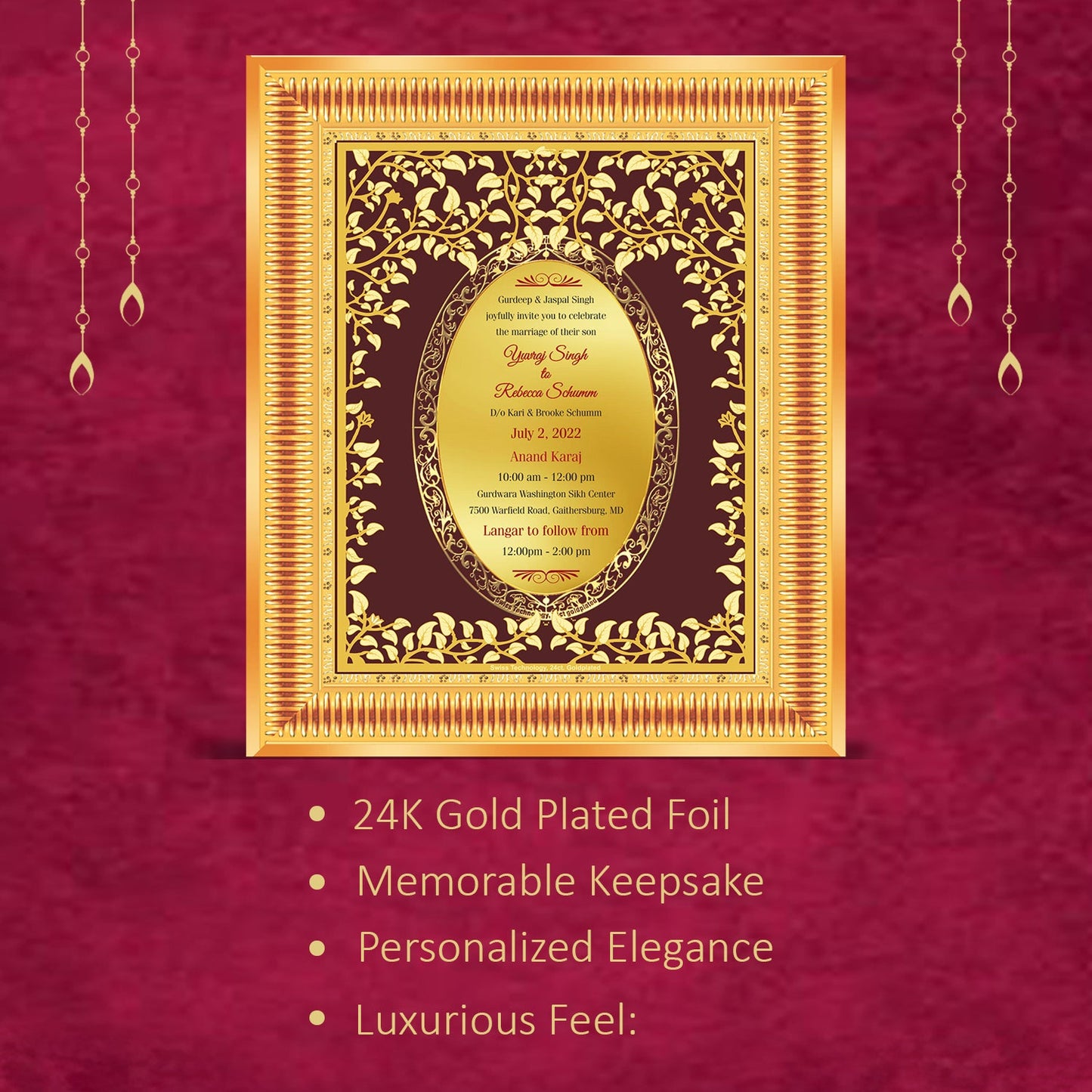 Diviniti Customized Designer Wedding Card on 24K Gold Plated Foil For Marriage Invitation