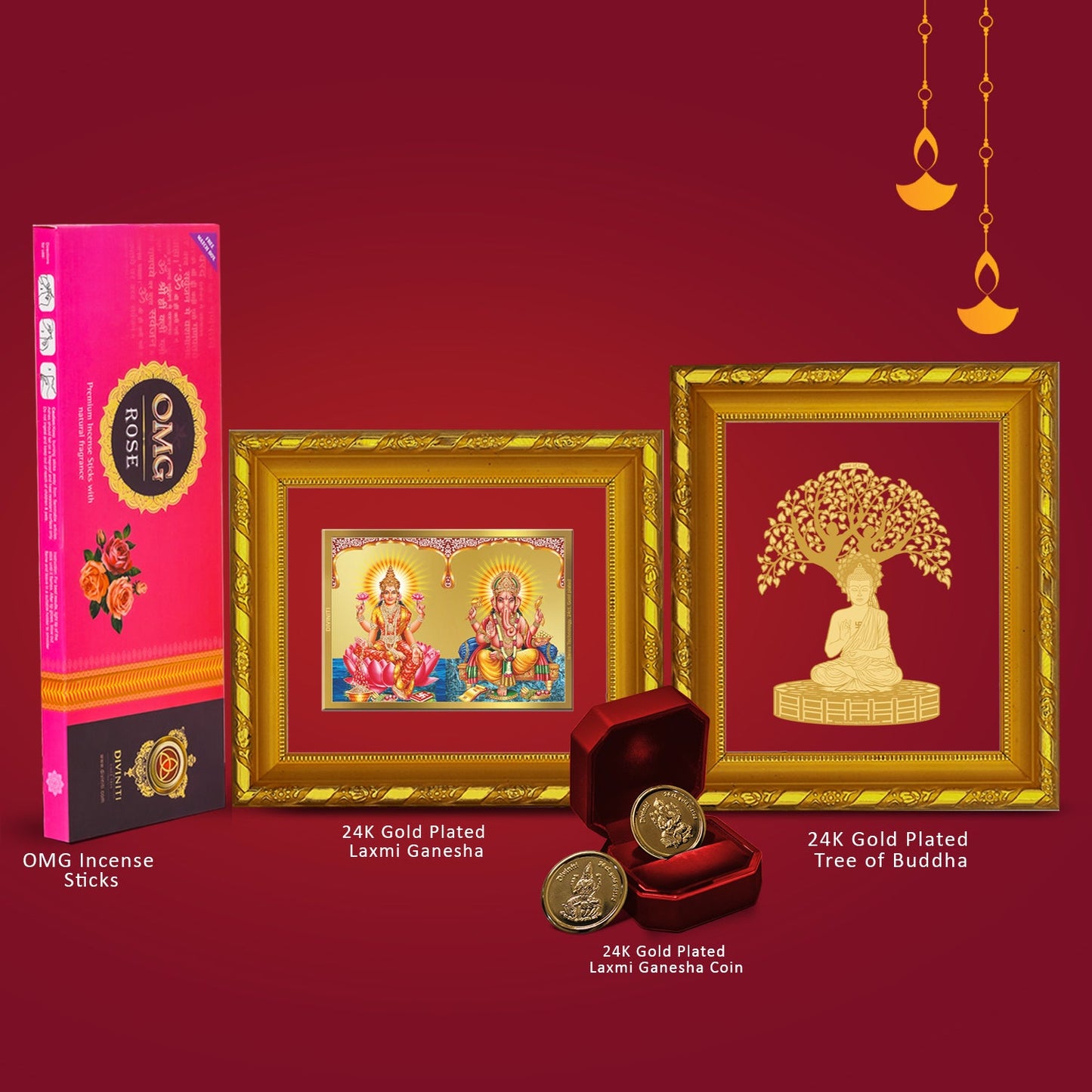 Diviniti Diwali Festival Combo Pack Of 24K Gold Plated Laxmi Ganesha and Boddhi Tree Photo Frame With 24K Gold Plated Laxmi Ganesha Coins & OMG Rose Incense Sticks For Deepawali Pooja