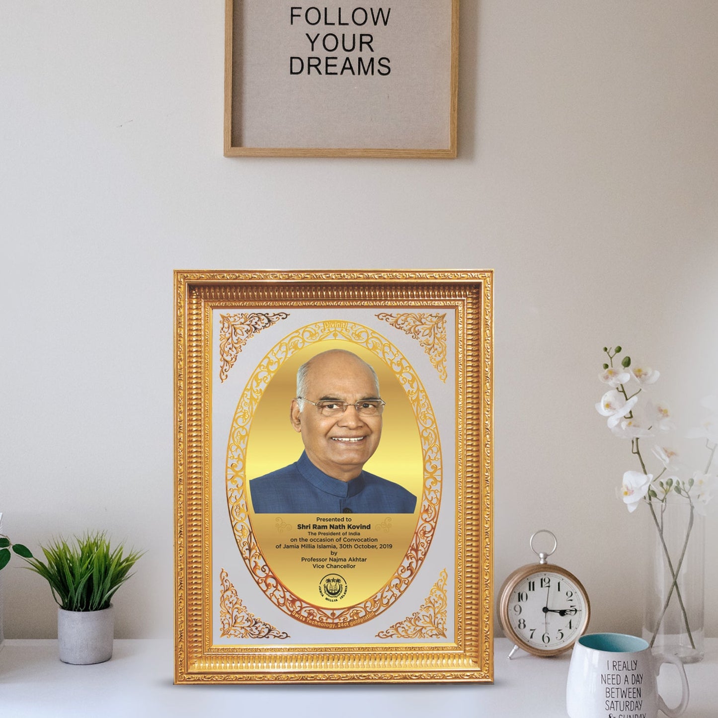 Golden Felicitation Frame in Double Glass with Image & Matter Printed on 24K Gold Plated Foil For Corporate Gifting