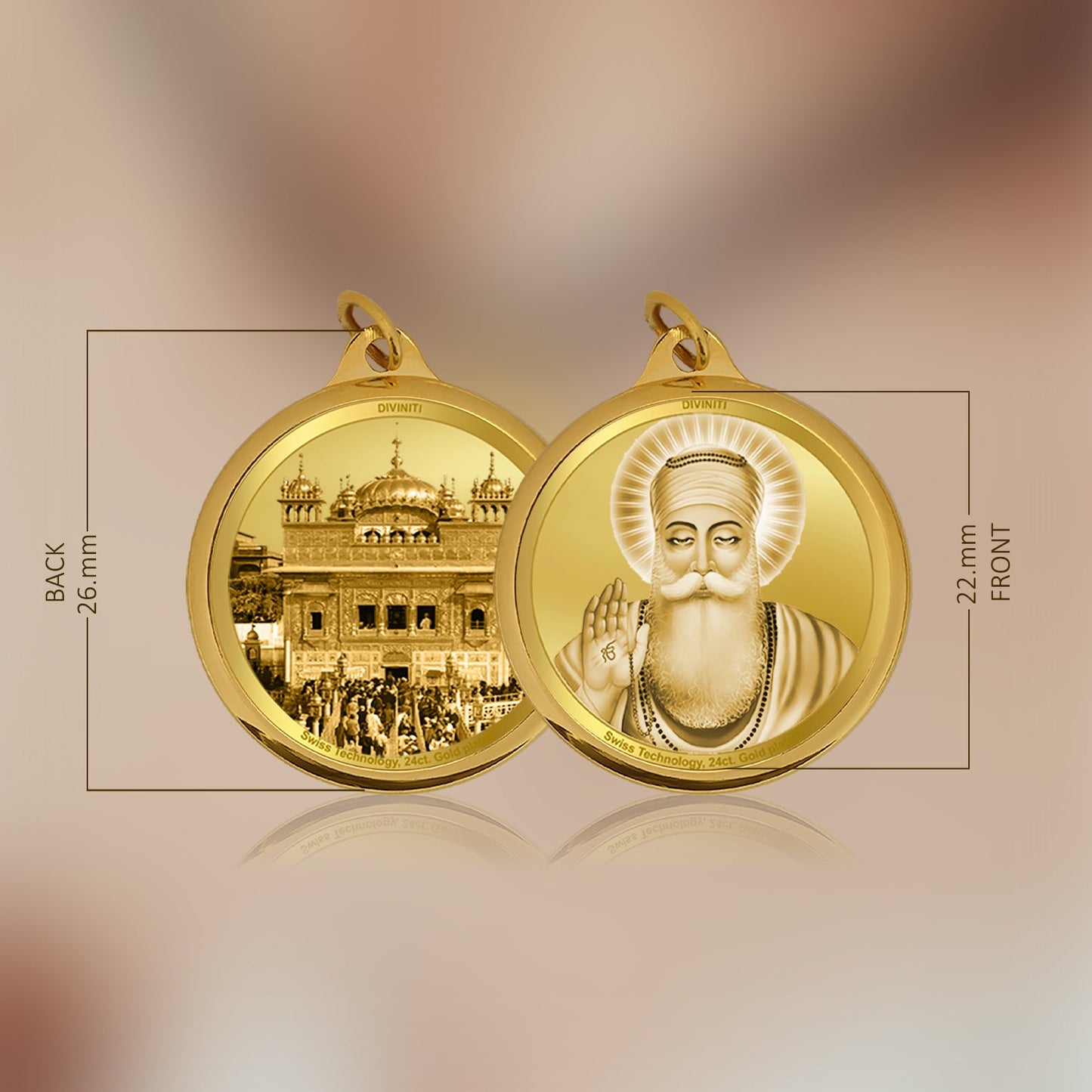 Diviniti 24K Gold Plated Guru Nanak & Golden Temple 22MM Double Sided Pendant For Men, Women & Kids