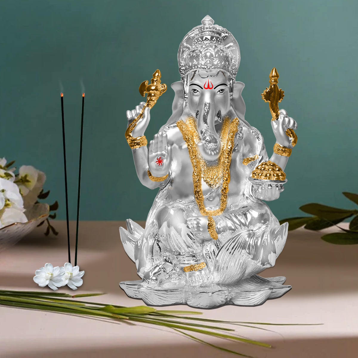 Diviniti 999 Silver Plated Ganesha Idol for Home Decor Showpiece (18 X 11.5 CM)