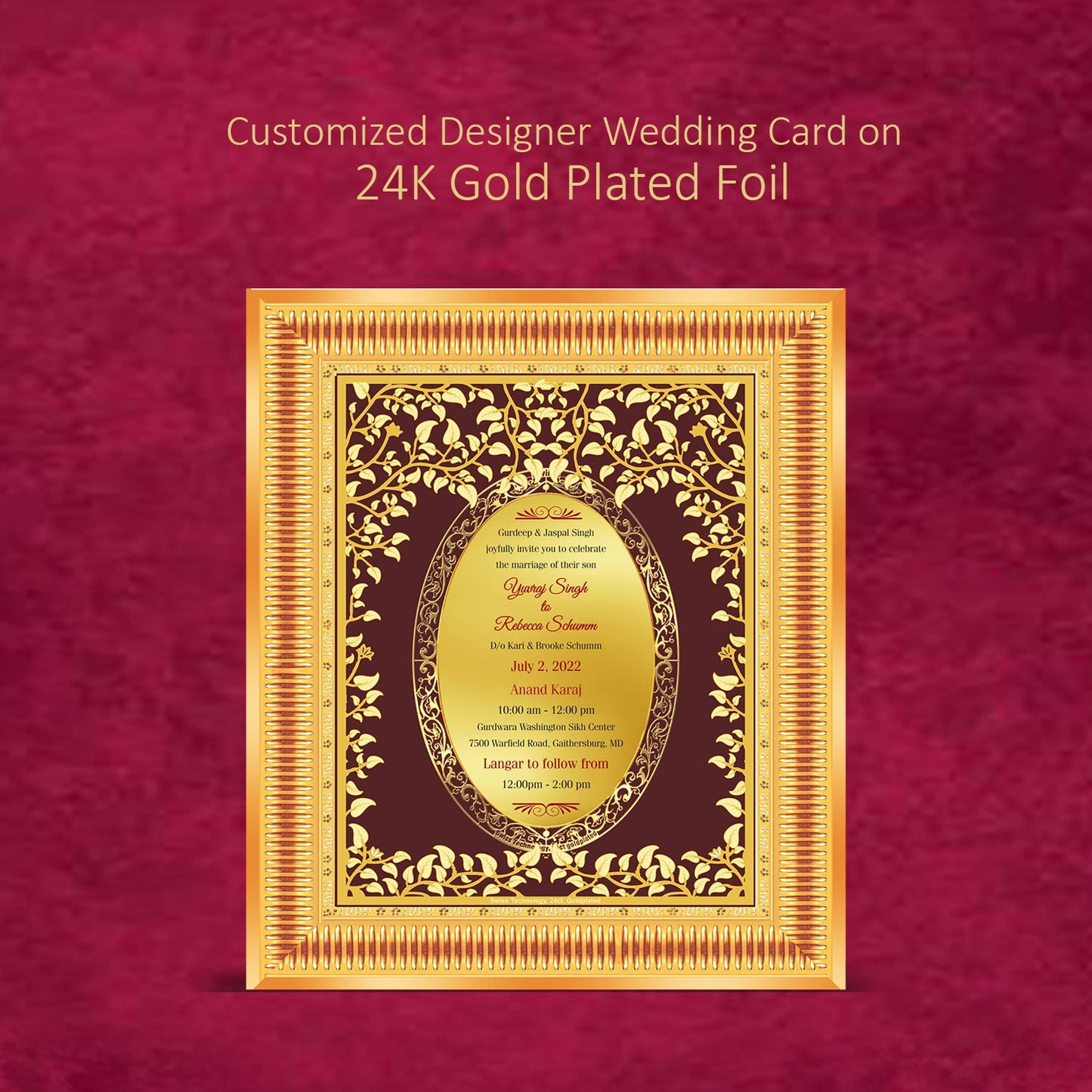 Diviniti Customized Designer Wedding Card on 24K Gold Plated Foil For Marriage Invitation