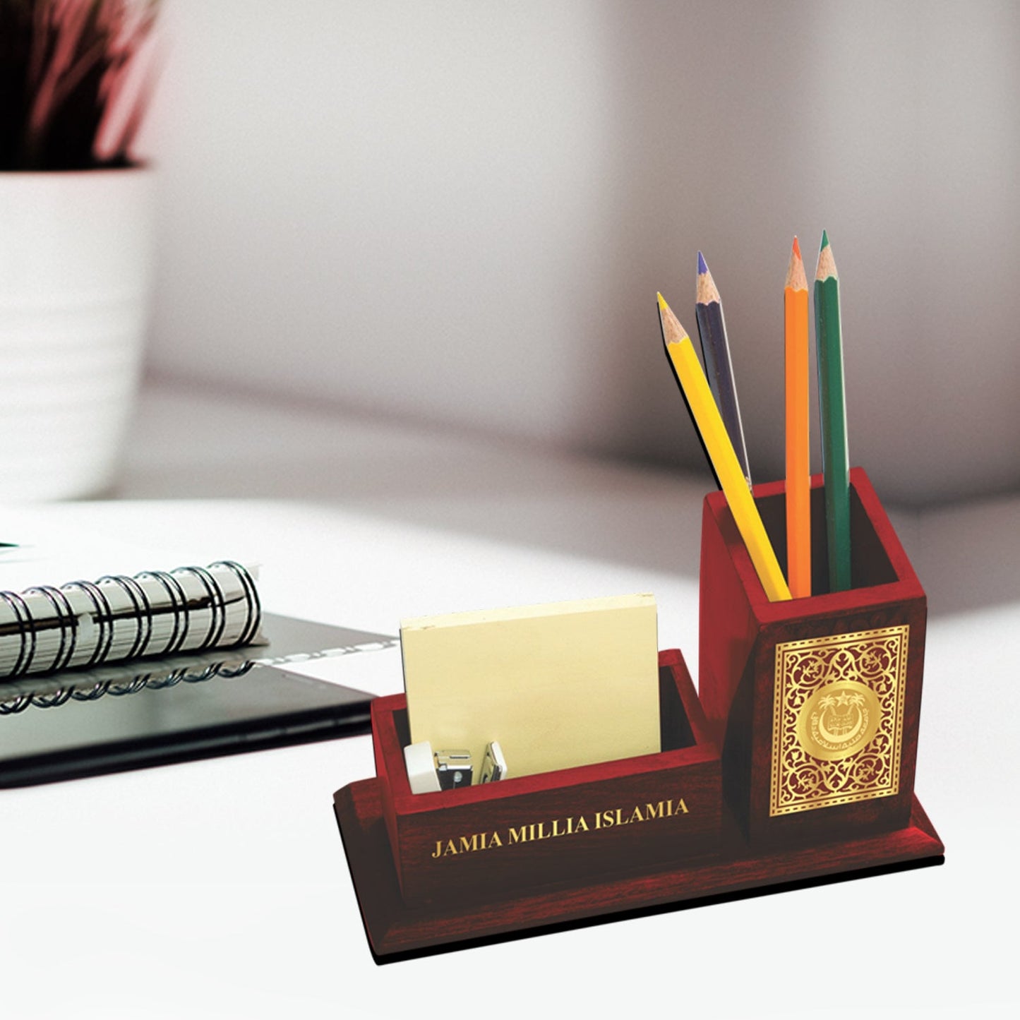 MDF Pen Holder with 24K Gold Plated Designer Motif Frame For Corporate Gifting