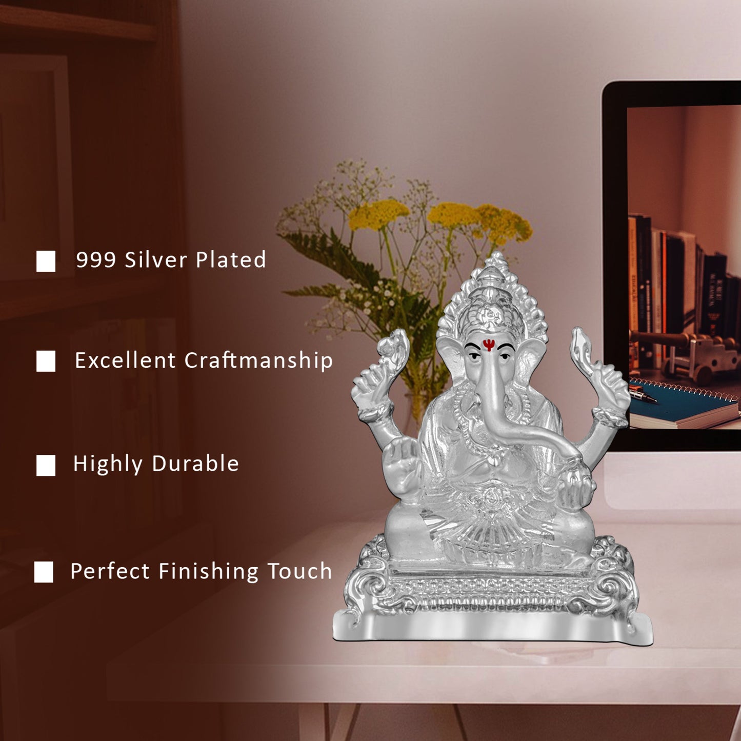 Diviniti 999 Silver Plated Ganesha Idol for Home Decor Showpiece (8X6CM)