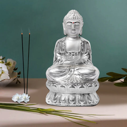 Diviniti 999 Silver Plated Buddha Idol for Home Decor Showpiece (14 X 7.5 CM)