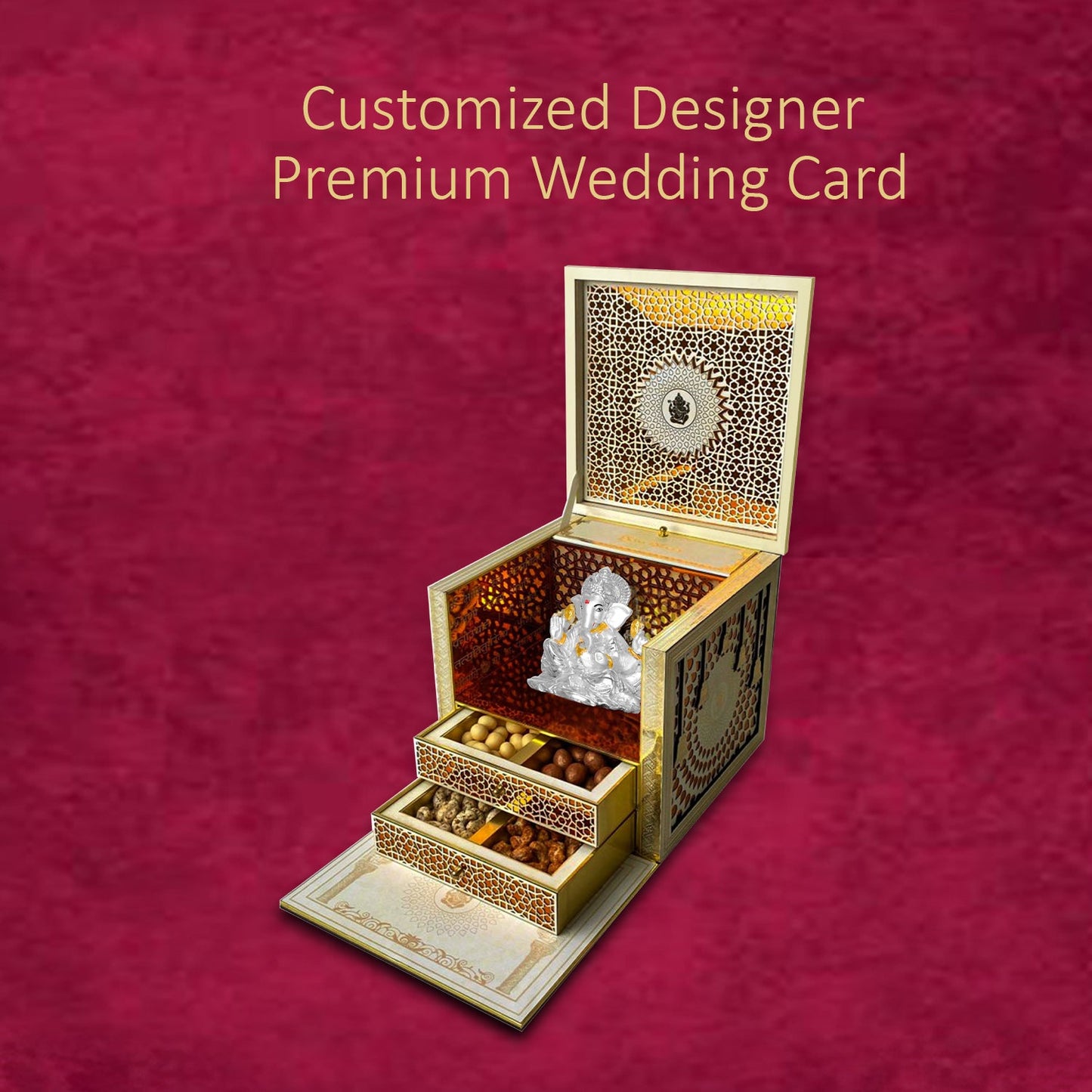 Diviniti Customized Designer Wedding Card Gift with 999 Silver Plated Ganesha Idol For Marriage Invitation