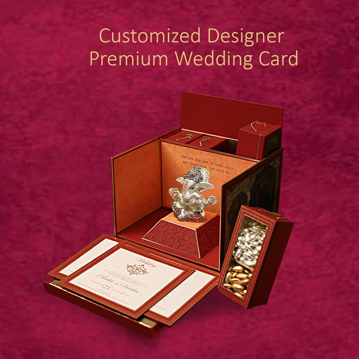 Diviniti Customized Designer Wedding Card Gift with 999 Silver Plated Ganesha Idol For Marriage Invitation