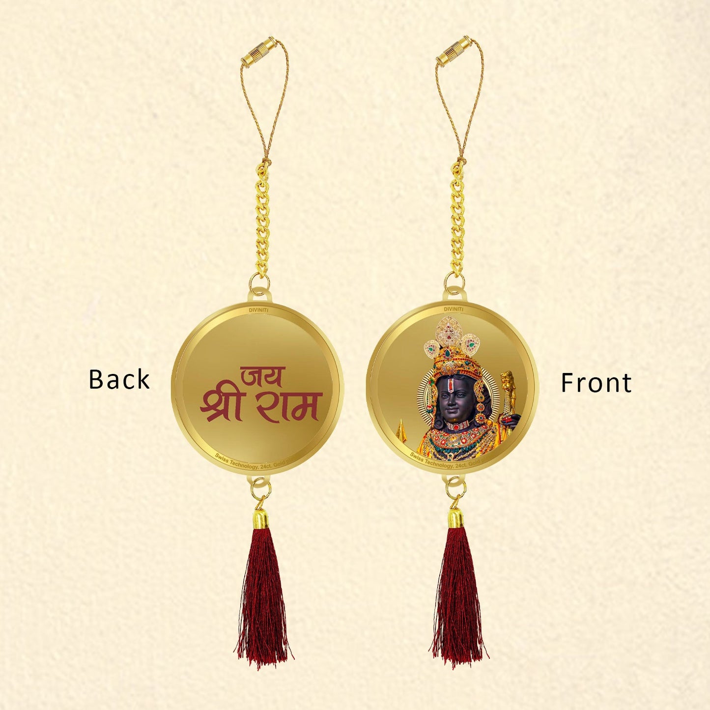 Diviniti 24K Gold Plated Double Sided Ram Lalla & Jai Shri Ram Car Dangler