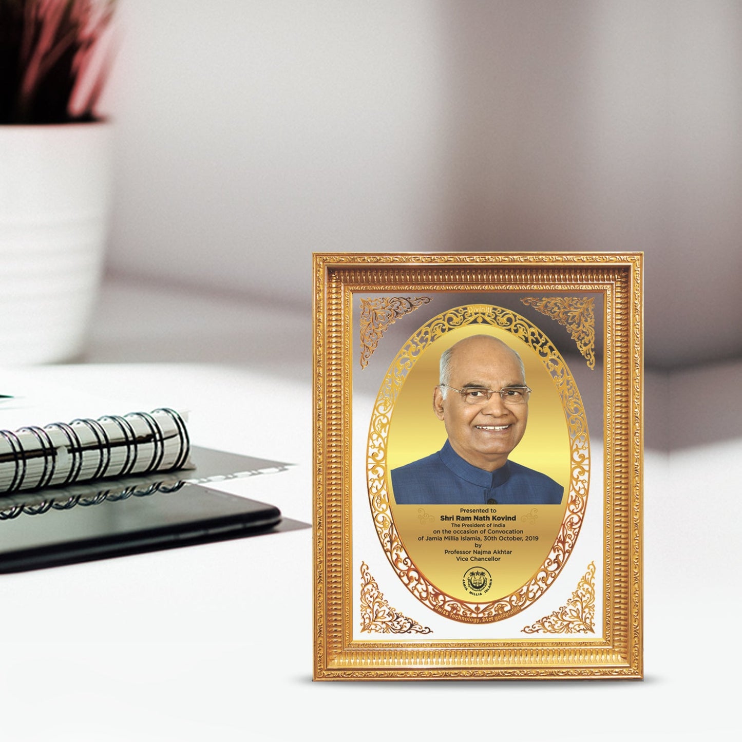 Golden Felicitation Frame in Double Glass with Image & Matter Printed on 24K Gold Plated Foil For Corporate Gifting