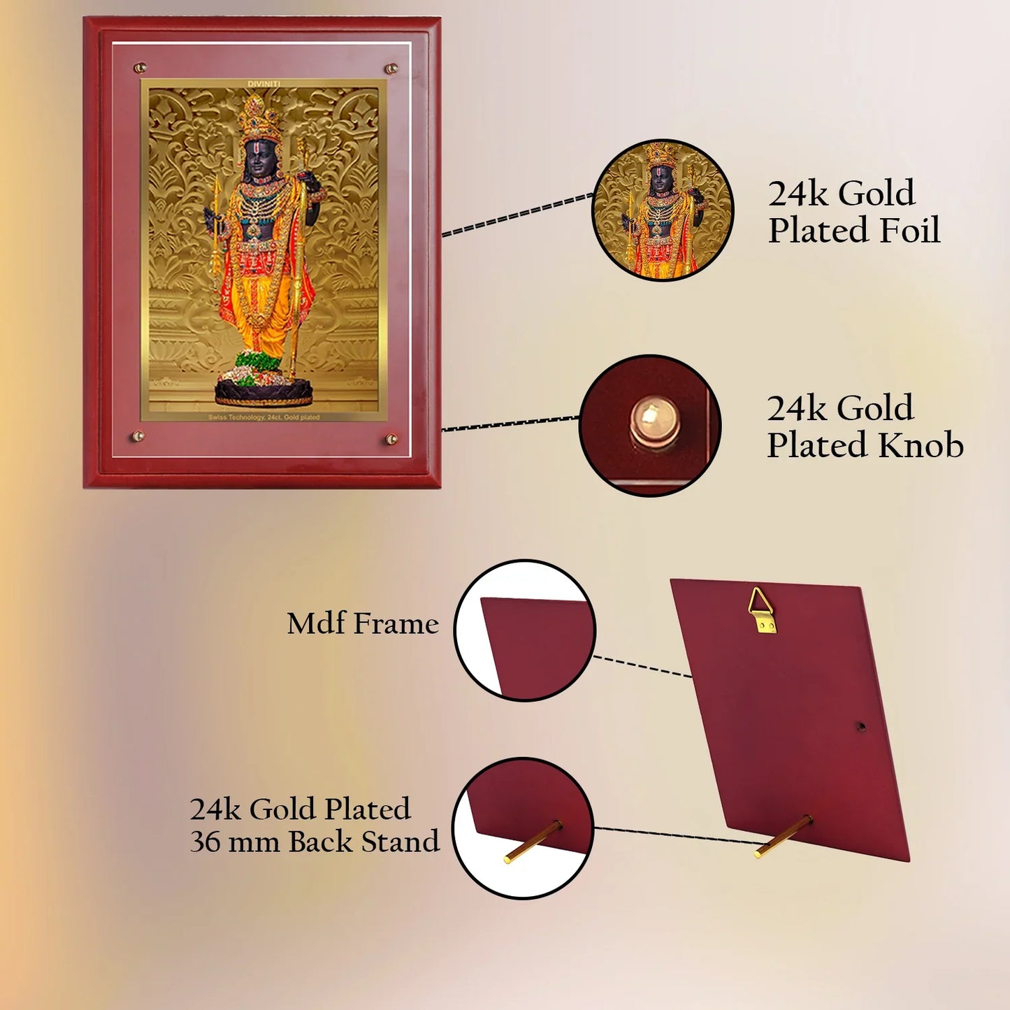 Diviniti 24K Gold Plated MDF Photo Frame For Home Decor, Table Tops, Puja Room, Gift