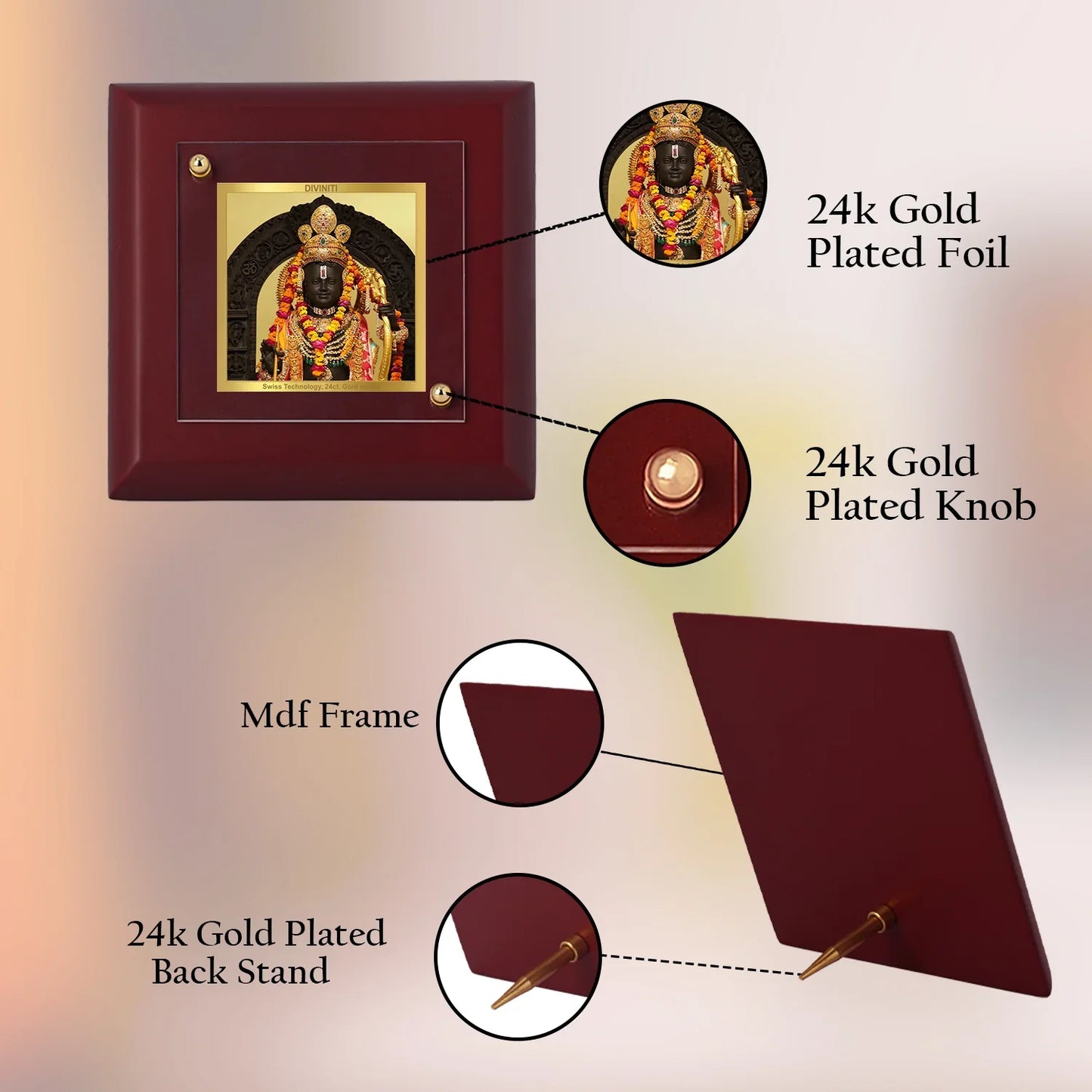 Diviniti 24K Gold Plated MDF Photo Frame For Home Decor, Table Tops, Puja Room, Gift