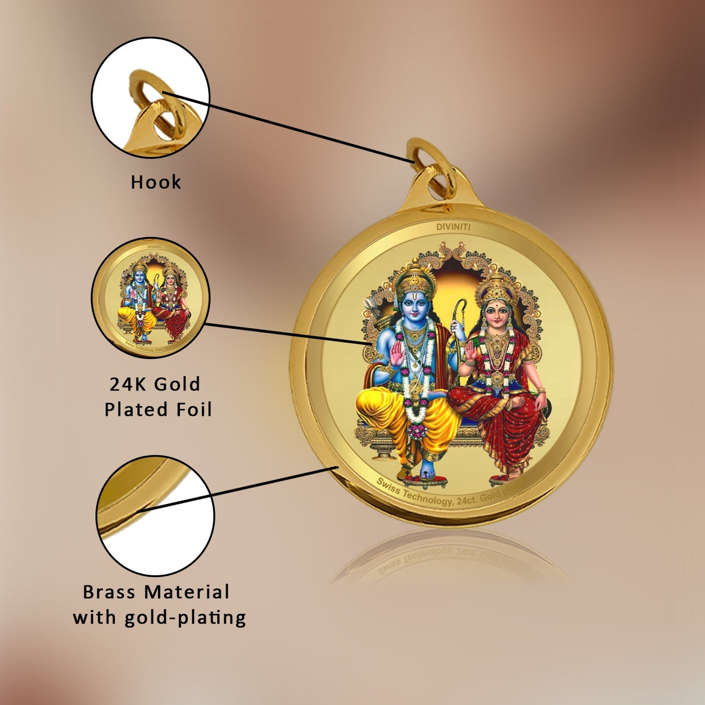 Diviniti 24K Gold Plated Ram Sita & Hanuman Ji 28MM Double Sided Pendant For Men, Women & Kids