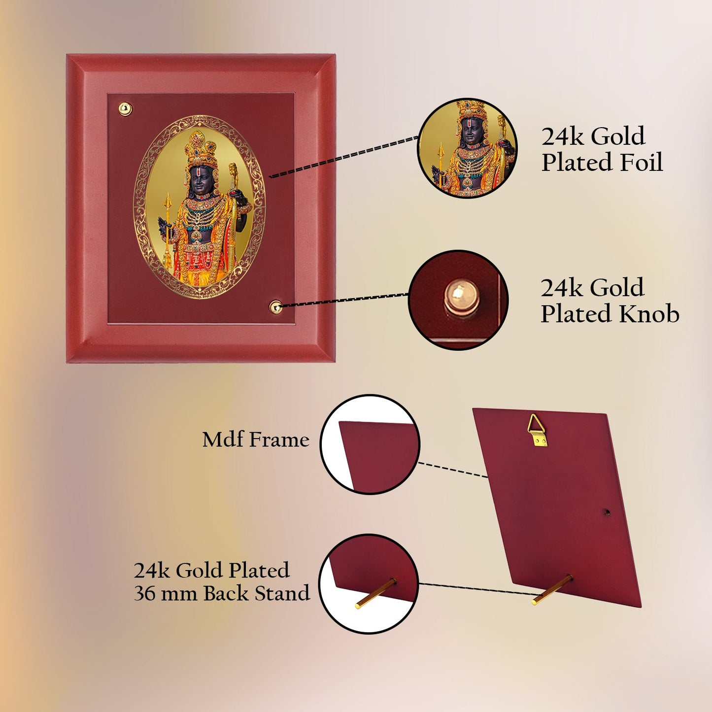 Diviniti 24K Gold Plated Ram Lalla Photo Frame For Home Decor, Wall Hanging Decor, Table, Puja Room & Gift (16 CM X 20 CM)