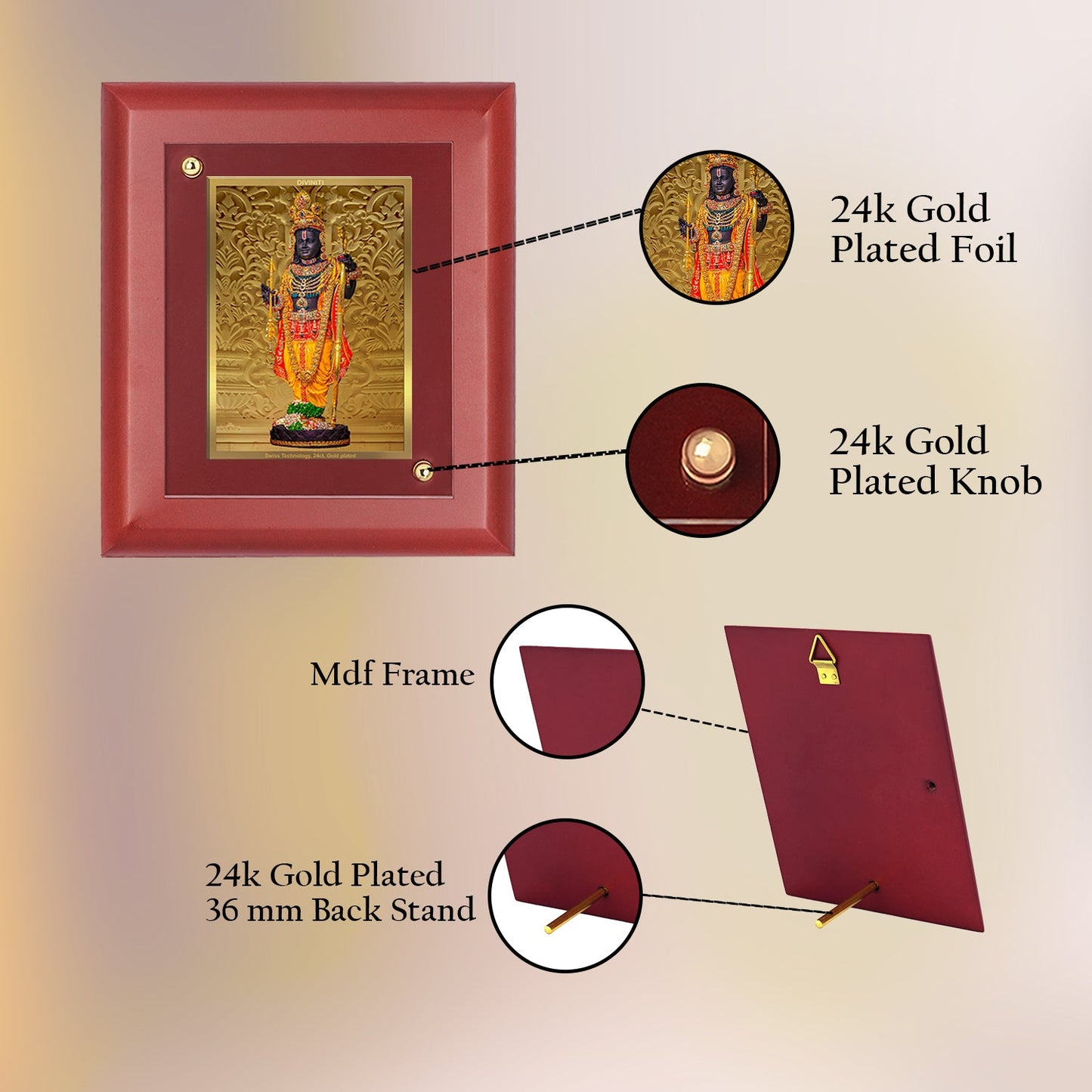 Diviniti 24K Gold Plated Ram Lalla Photo Frame For Home Decor, Wall Hanging Decor, Table, Puja Room & Gift (16 CM X 20 CM)