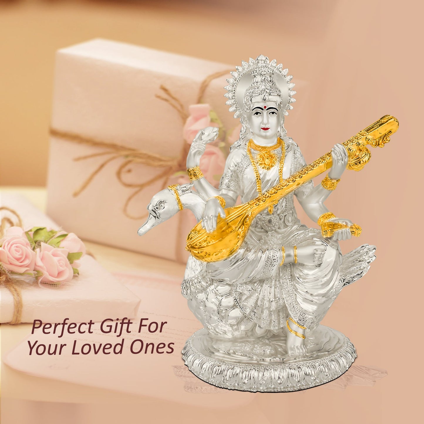 Diviniti 999 Silver Plated Saraswati Mata Idol for Home Decor Showpiece (18X21CM)