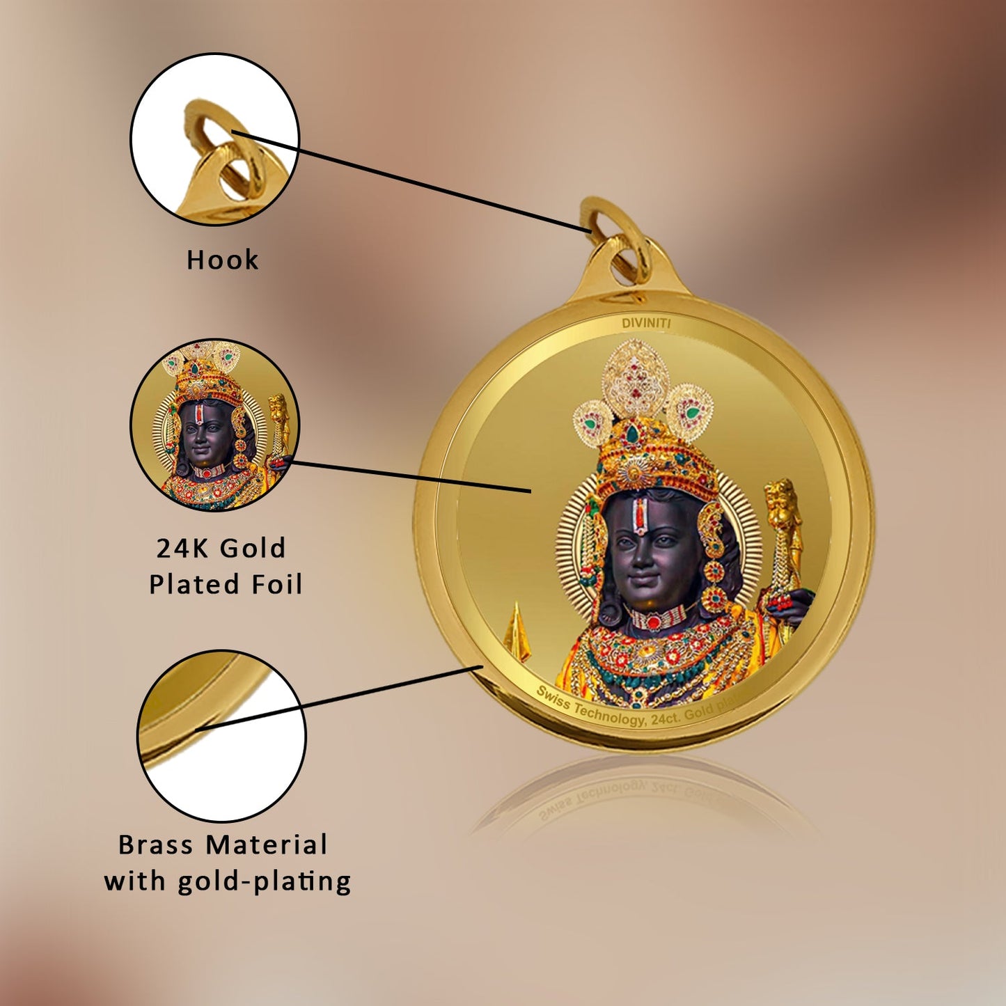 Diviniti 24K Gold Plated Ram Lalla & Jai Shri Ram 18MM Double Sided Pendant For Men, Women & Kids