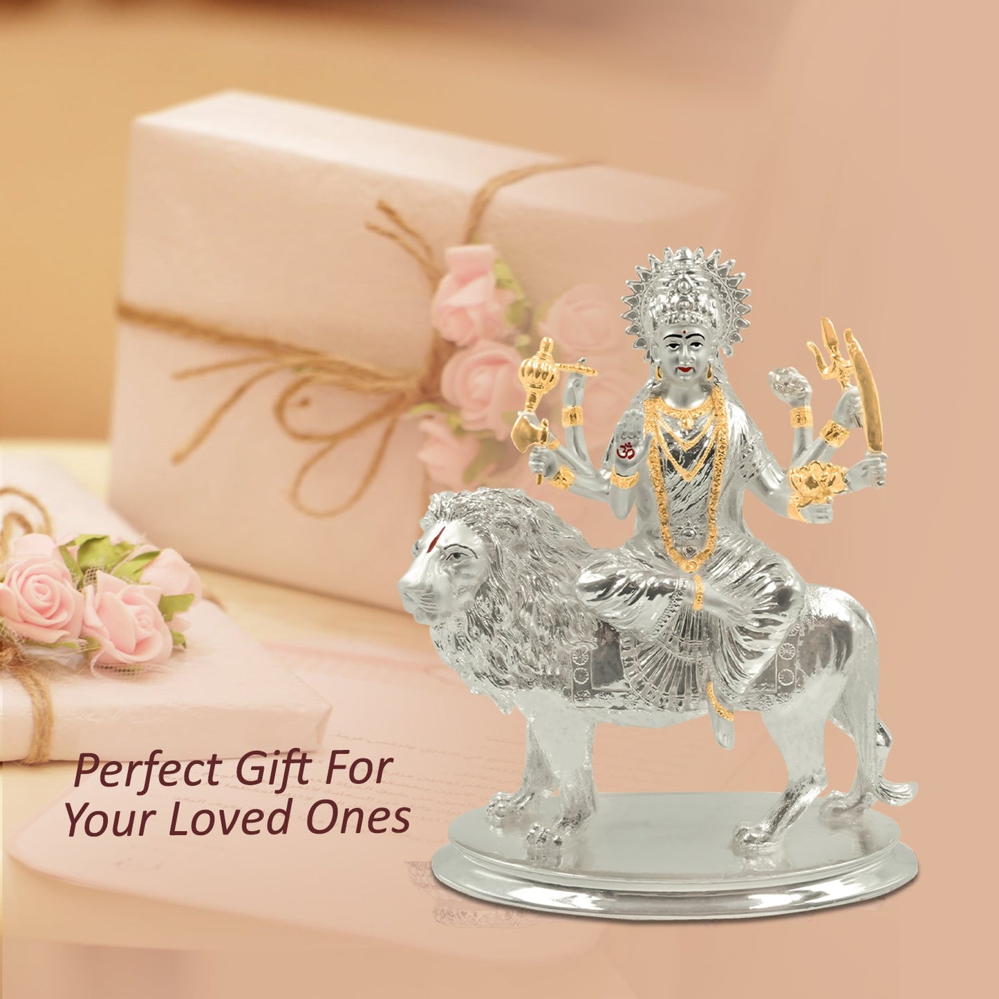 Diviniti 999 Silver Plated Durga Maa Idol for Home Decor Showpiece (25 X 21 CM)