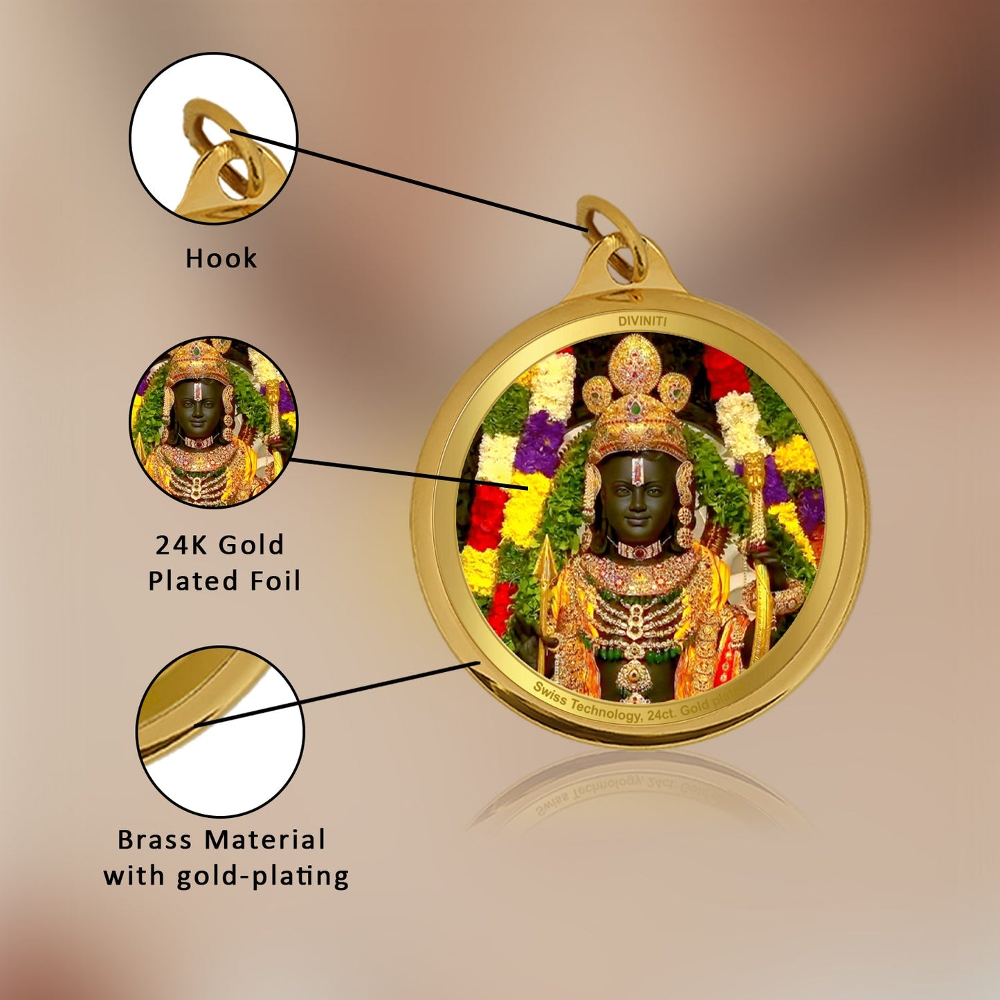 Diviniti 24K Gold Plated Ram Ji & Jai Shri Ram 28MM Double Sided Pendant For Men, Women & Kids