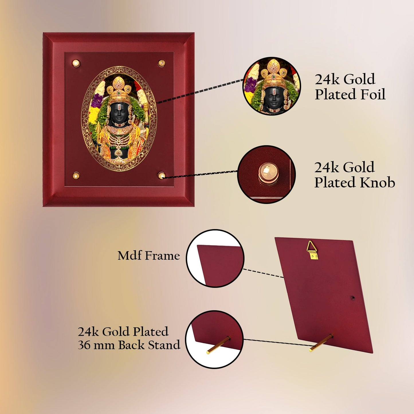 Diviniti 24K Gold Plated Ram Lalla Photo Frame For Home Decor, Wall Decor, Table, Puja Room & Gift (20 CM X 25 CM)