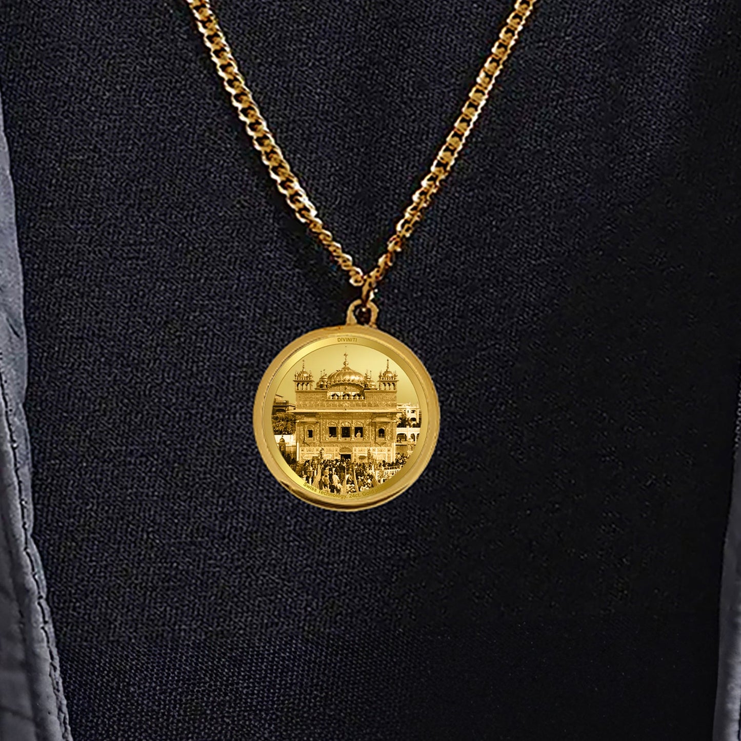 Diviniti 24K Gold Plated Guru Nanak & Golden Temple 22MM Double Sided Pendant For Men, Women & Kids