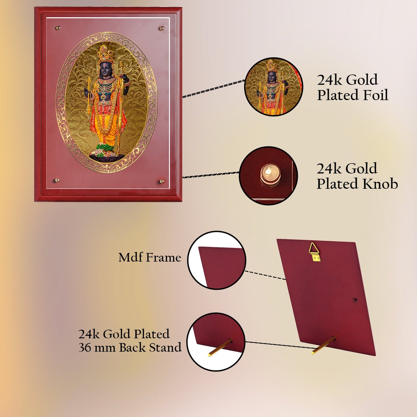 Diviniti 24K Gold Plated Ram Lalla Photo Frame For Home Decor, Wall Decor, Table, Puja Room & Gift (30 CM X 23 CM)