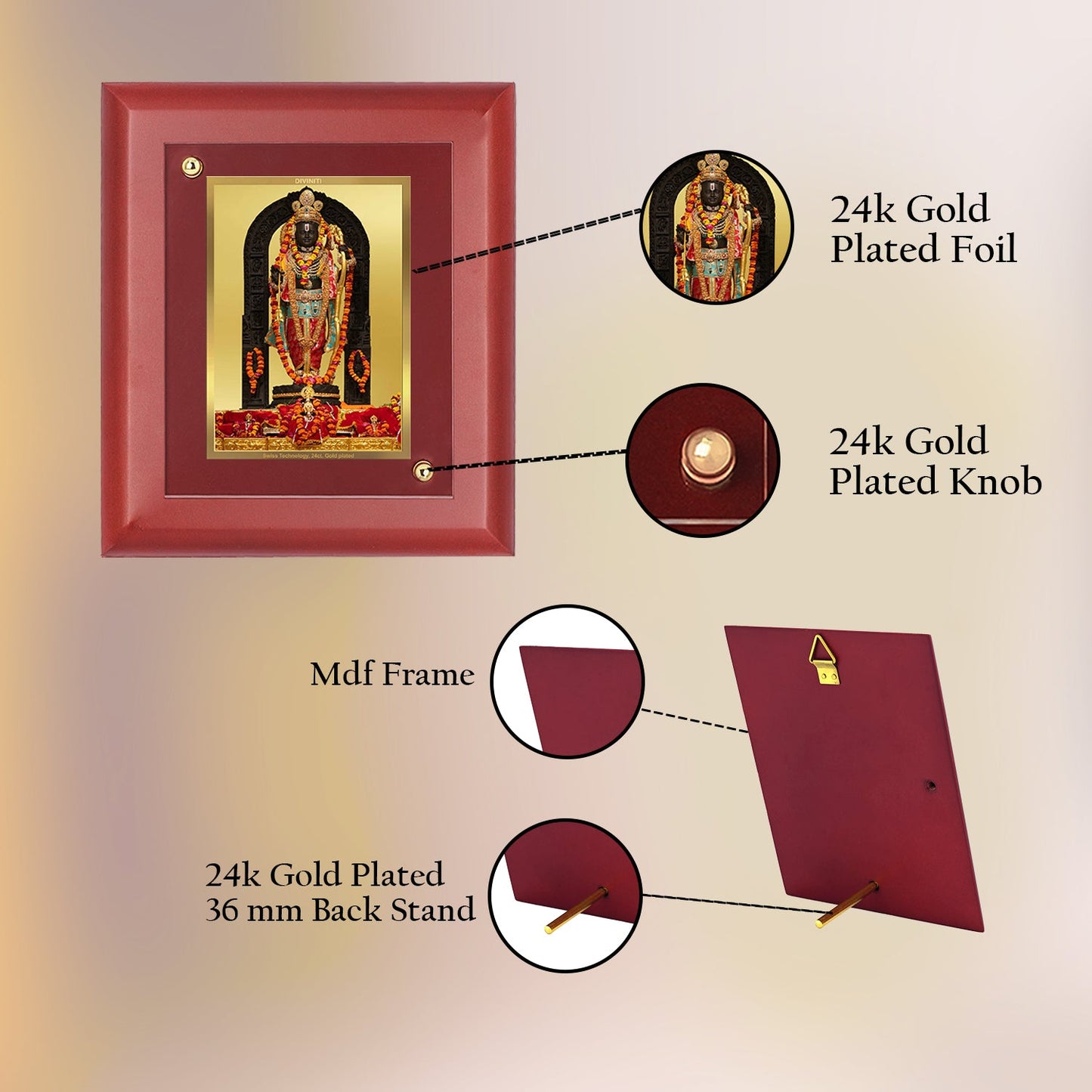 Diviniti 24K Gold Plated Ram Lalla Photo Frame For Home Decor, Wall Decor, Table Top, Puja Room & Gift (16 CM X 20 CM)