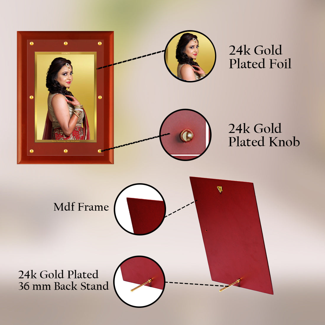 Diviniti Photo Frame With Customized Photo Printed on 24K Gold Plated Foil| Personalized Gift for Birthday, Marriage Anniversary & Celebration With Loved Ones|MDF Frame Size 4.5