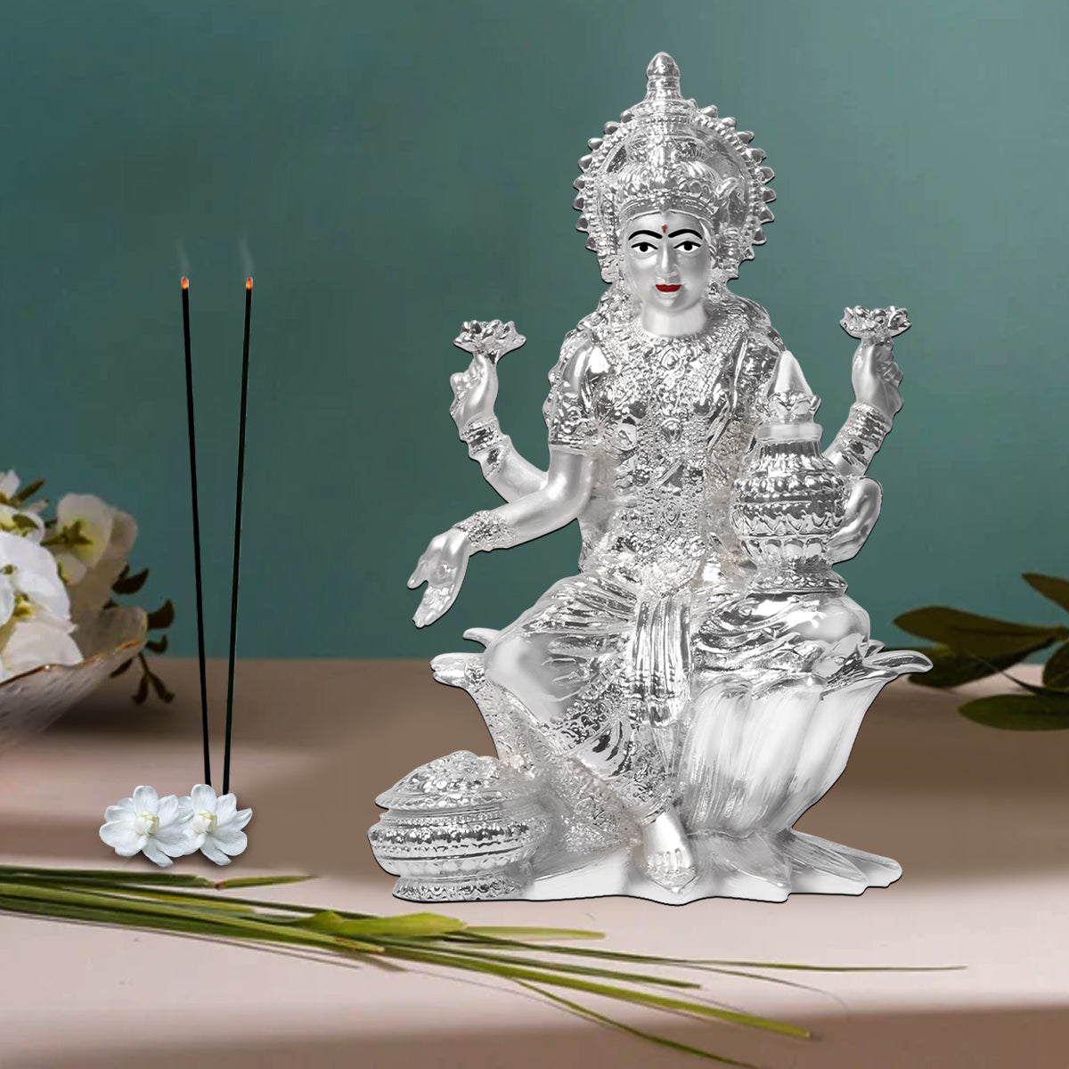 Diviniti 999 Silver Plated Lakshmi Mata Idol for Home Decor Showpiece (17X12CM)