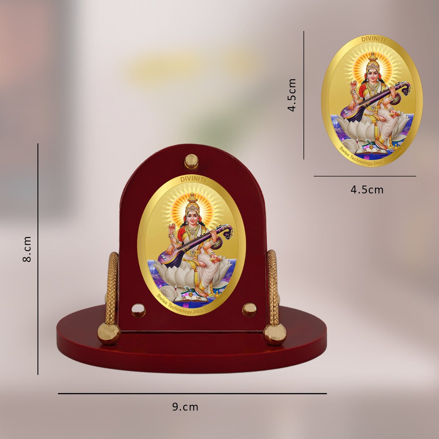 Diviniti 24K Gold Plated Saraswati Mata Frame for Car Dashboard, Home Decor, Table & Office (8 CM x 9 CM)