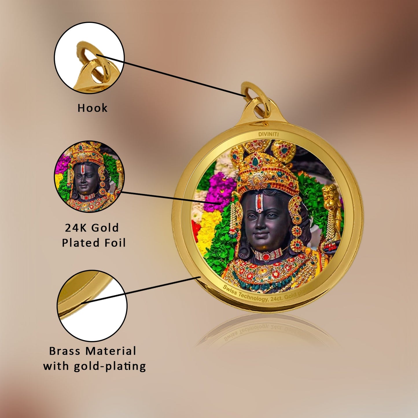 Diviniti 24K Gold Plated Ram Lalla & Jai Shri Ram 18MM Double Sided Pendant For Men, Women & Kids