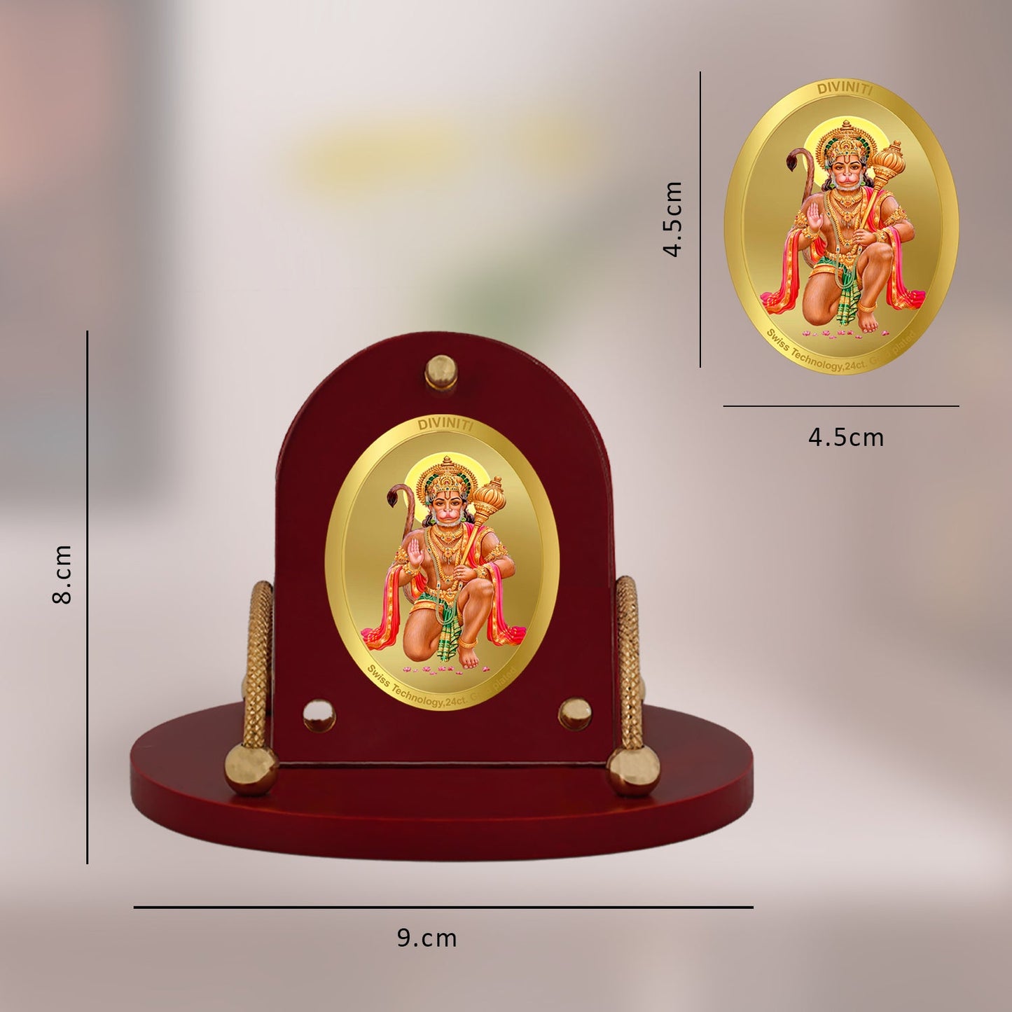 Diviniti 24K Gold Plated Hanuman Ji Frame for Car Dashboard, Home Decor, Table & Office (8 CM x 9 CM)