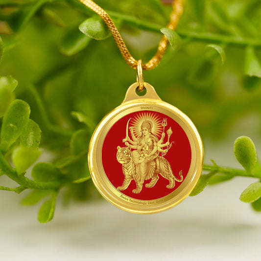 Diviniti 24K Gold Plated Durga Ji & Mata Ka Darbar 22MM Double Sided Pendant For Men, Women & Kids