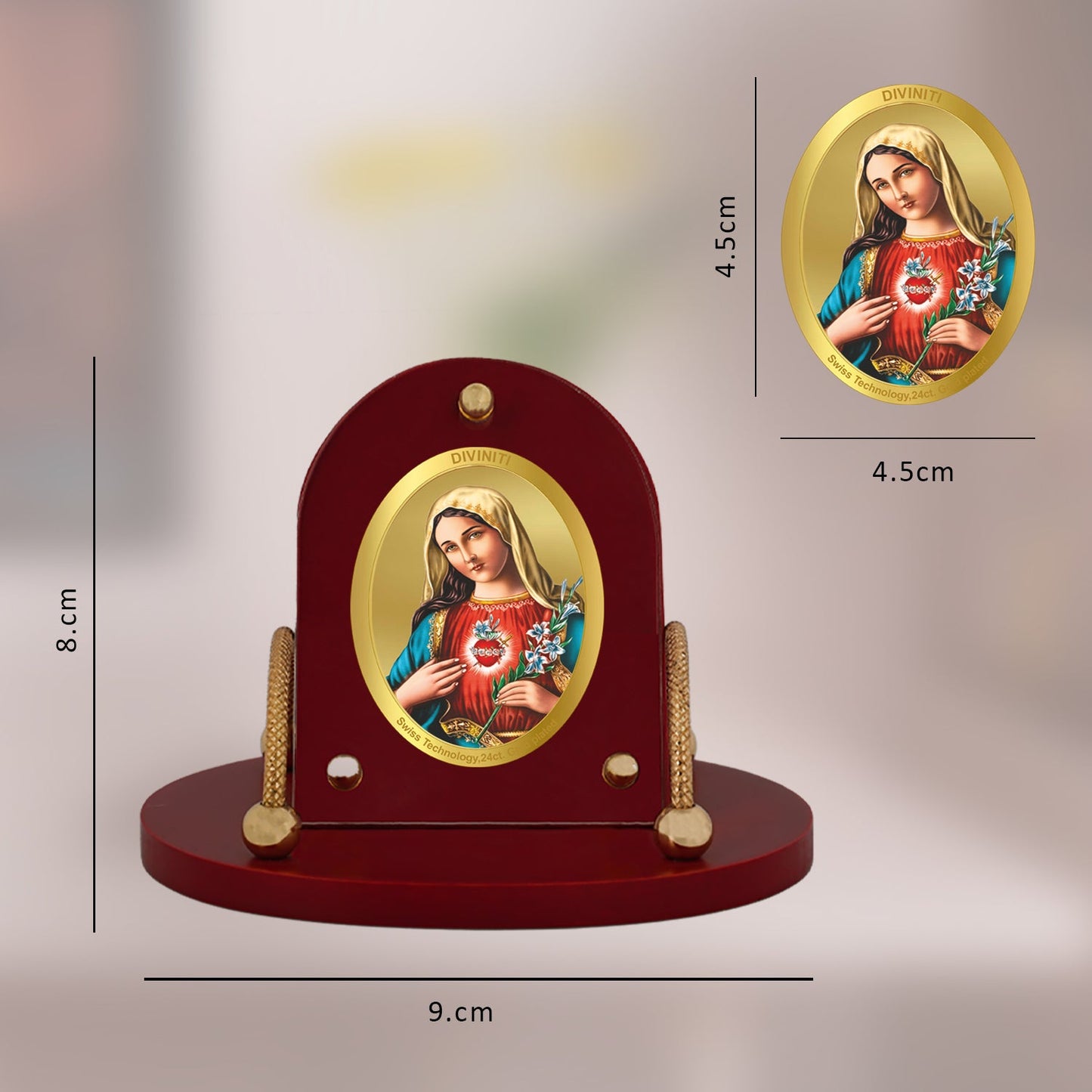 Diviniti 24K Gold Plated Mother Mary Frame for Car Dashboard, Home Decor, Table & Office (8 CM x 9 CM)