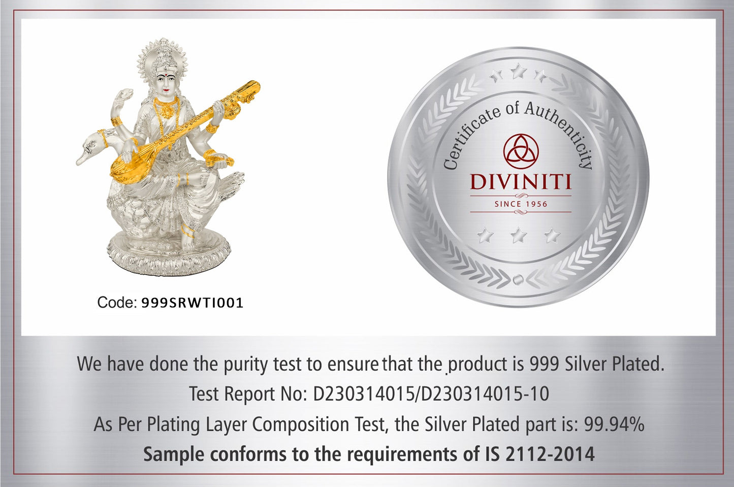 Diviniti 999 Silver Plated Saraswati Mata Idol for Home Decor Showpiece (18X21CM)