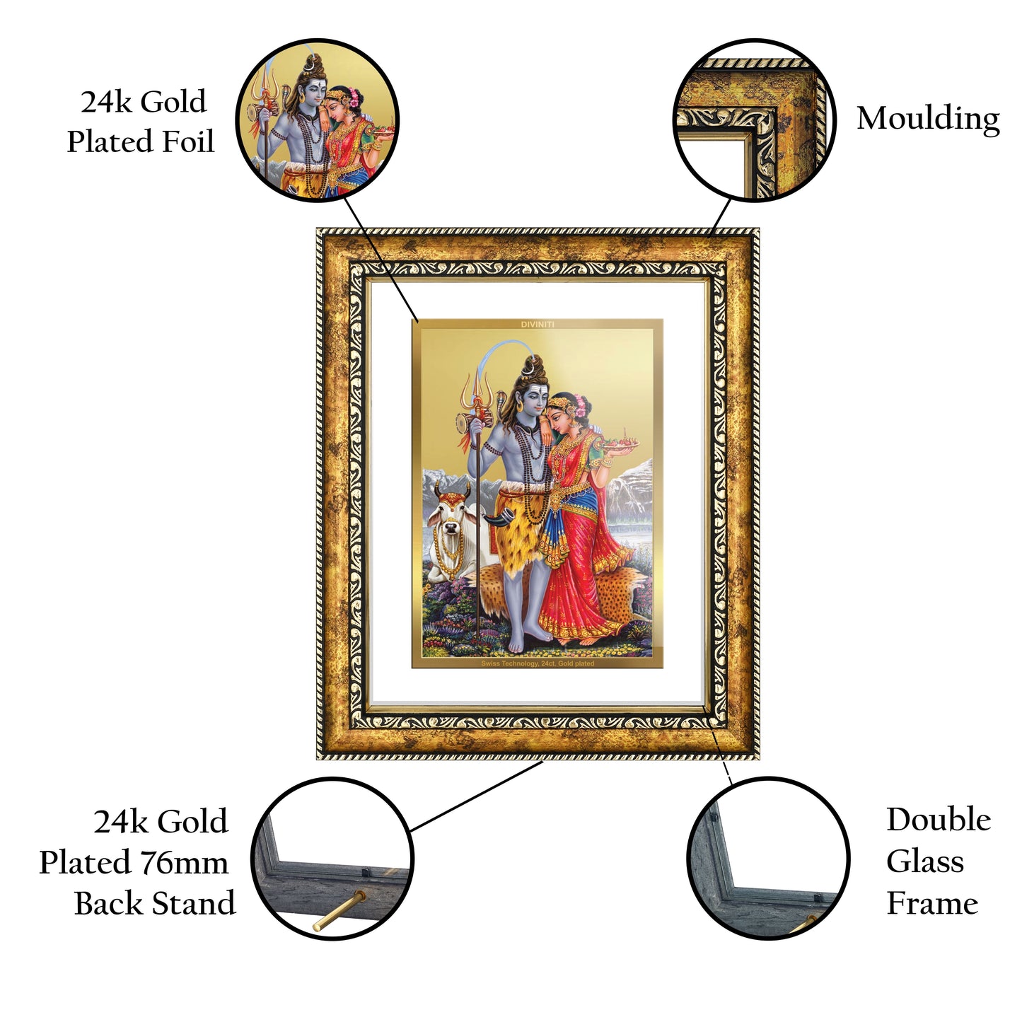 DIVINITI Shiva with Parvati Gold Plated Wall Photo Frame, Table Decor| DG Frame 113 Size 3 and 24K Gold Plated Foil (33.3 CM X 26 CM)