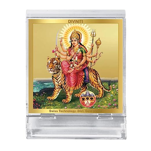 Diviniti 24K Gold Plated Durga Ji Frame For Car Dashboard, Home Decor, Puja, Gift (5.8 x 4.8 CM)