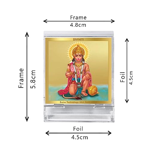 Diviniti 24K Gold Plated Lord Hanuman Frame For Car Dashboard, Home Decor, Puja Room, Gift (5.8 x 4.8 CM)