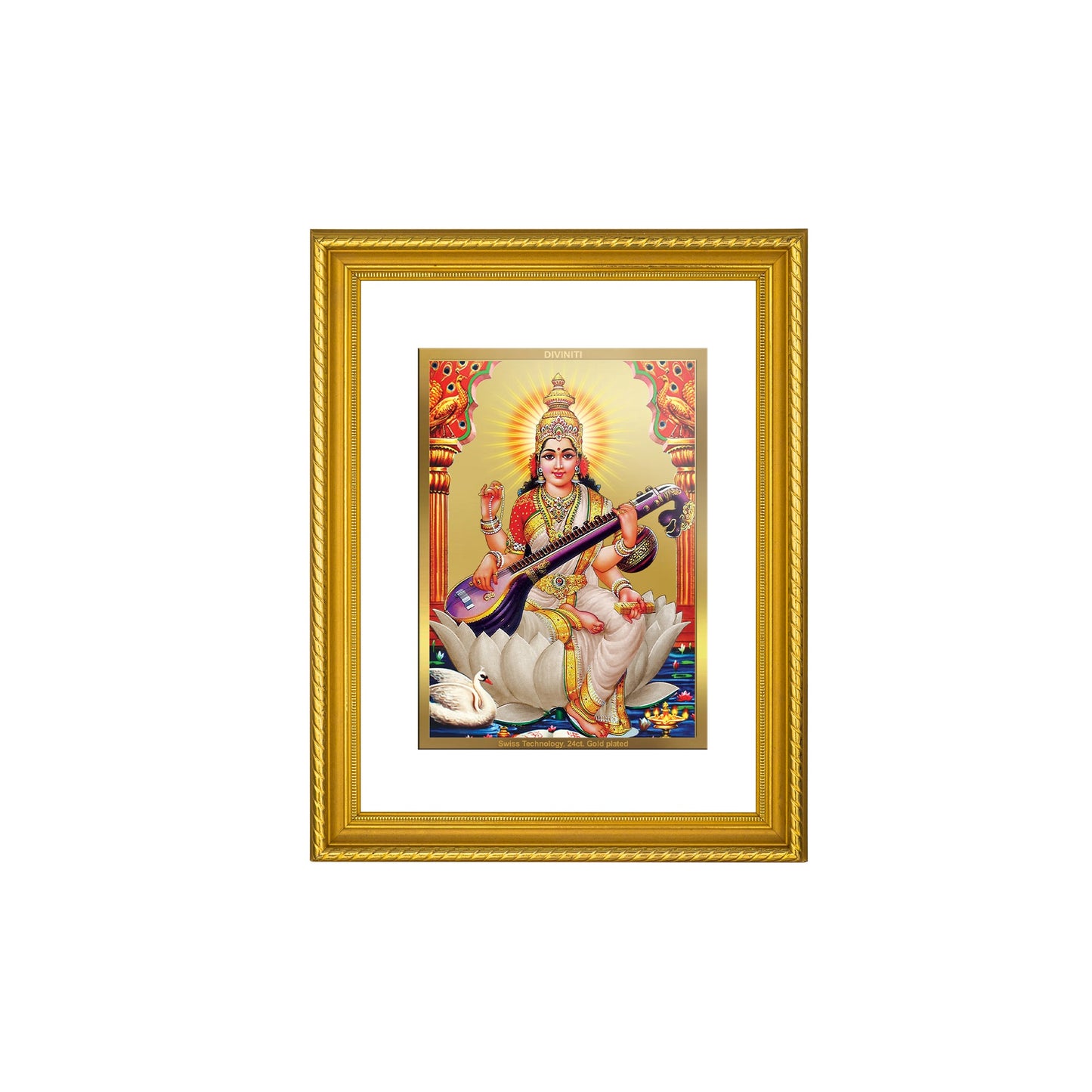 DIVINITI Saraswati Gold Plated Wall Photo Frame, Table Decor| DG Frame 056 Size 3 and 24K Gold Plated Foil (32.5 CM X 25.5 CM)