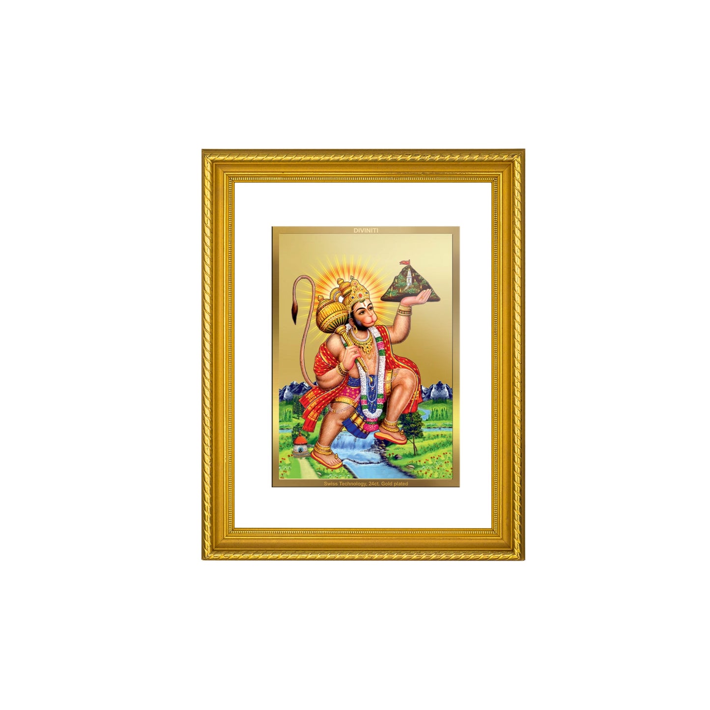 DIVINITI Hanuman with Parvat Gold Plated Wall Photo Frame, Table Decor| DG Frame 056 Size 3 and 24K Gold Plated Foil (32.5 CM X 25.5 CM)