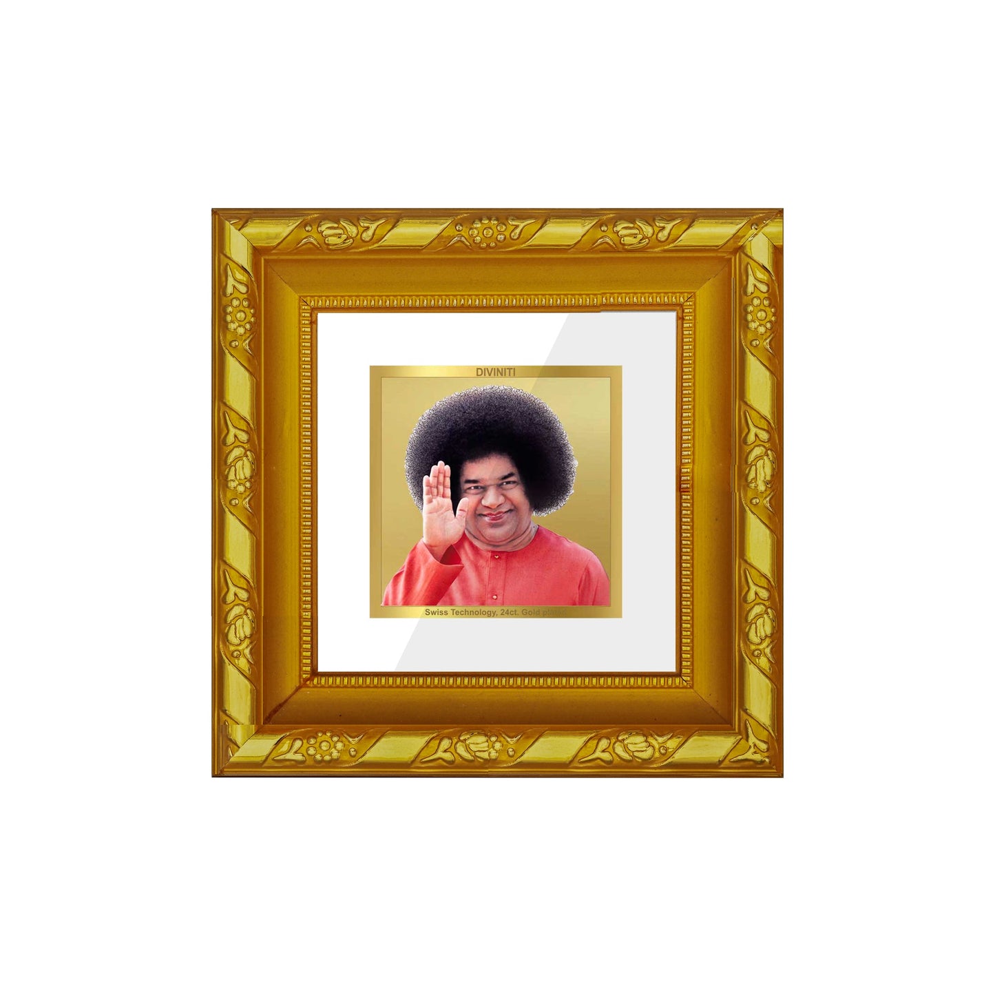 DIVINITI 24K Gold Plated Sathya Sai Baba Religious Photo Frame For Home Decor, Gift, Prayer (10.8 X 10.8 CM)