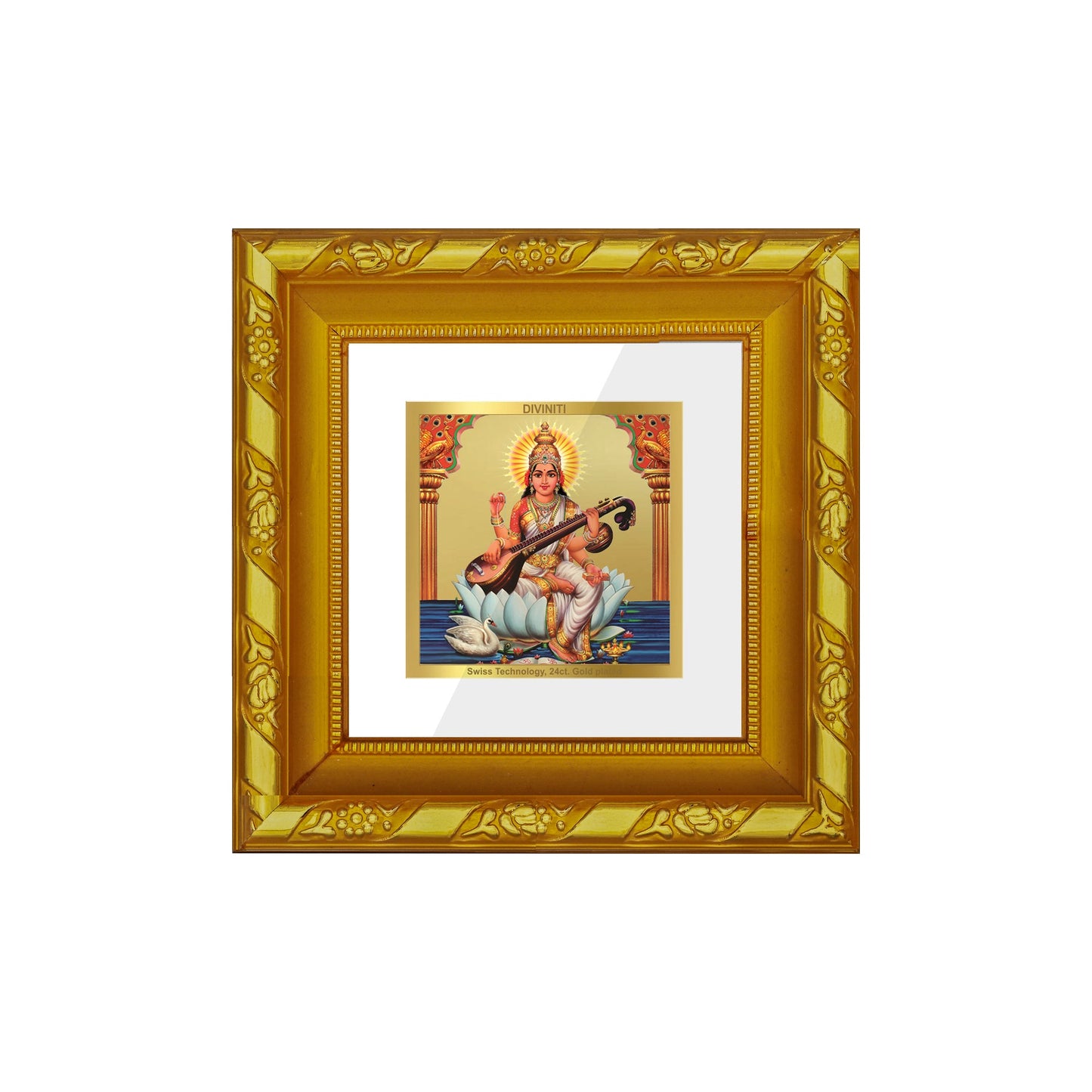 DIVINITI 24K Gold Plated Saraswati Maa Photo Frame For Home Decor, Puja Room, Gift (10.8 X 10.8 CM)