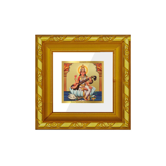 DIVINITI 24K Gold Plated Saraswati Maa Photo Frame For Home Decor, Puja Room, Gift (10.8 X 10.8 CM)