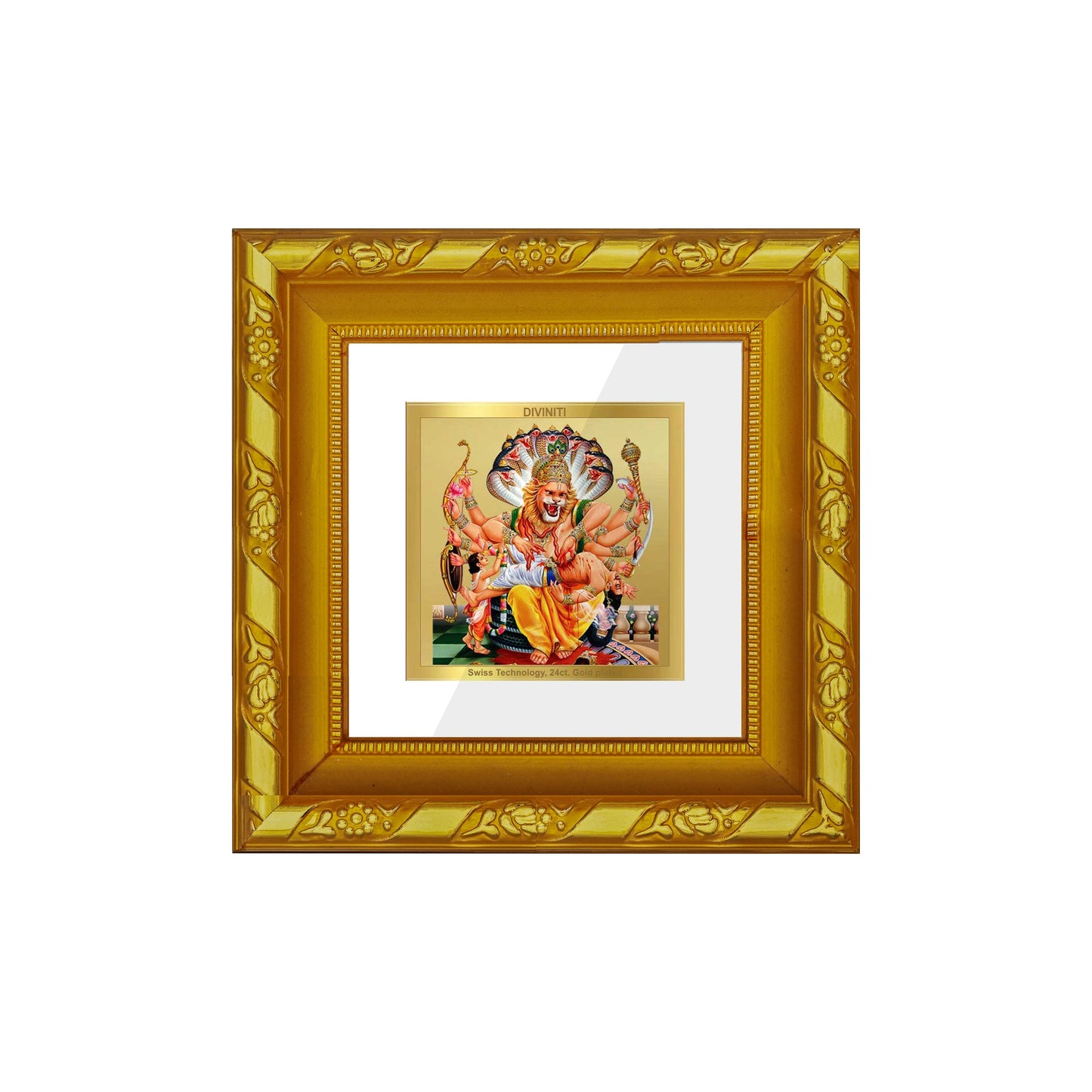 DIVINITI 24K Gold Plated Narsimha Religious Photo Frame For Home Decoration, Puja, Gift (10.8 X 10.8 CM)